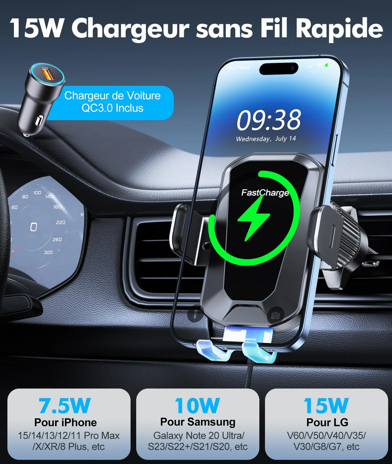 EOIWUY Support Telephone Voiture Induction, 15W Chargeur Induction Voiture Rapide sans Fil 【Serrage Automatique & Rotation 360°】 Compatible avec iPhone 17 Pro Max 16/15/14/13, Galaxy S24/S23/S22, etc