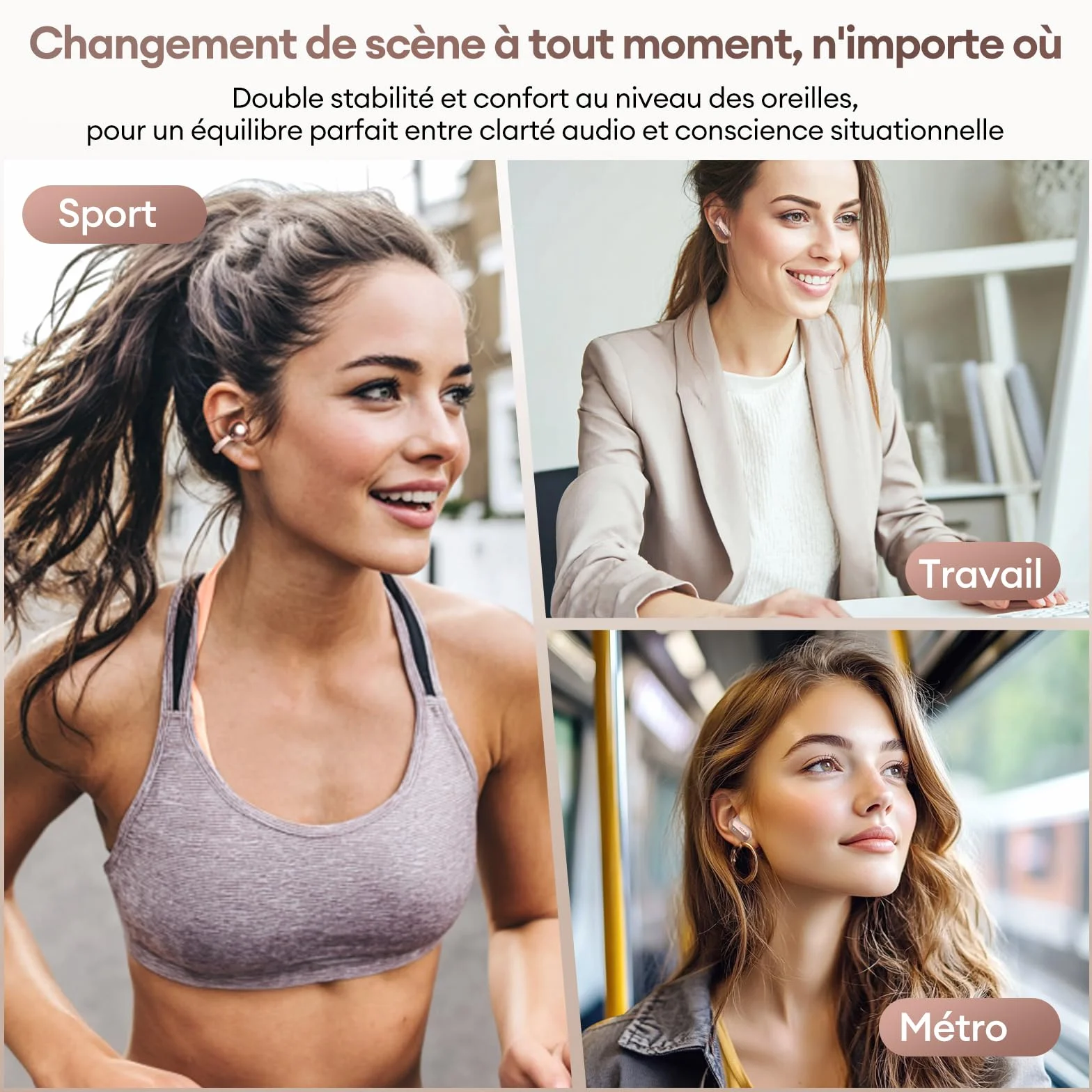 PAXA Double Casque 2-en-1 Clip Open-Ear Écouteurs Bluetooth sans Fil, Bluetooth 6.0-0 Délai, 140H Autonomie, Reconnaissance L/R Automatique, Réduction Bruit Hybride Travail/Sport/Quotidien, Or Rose