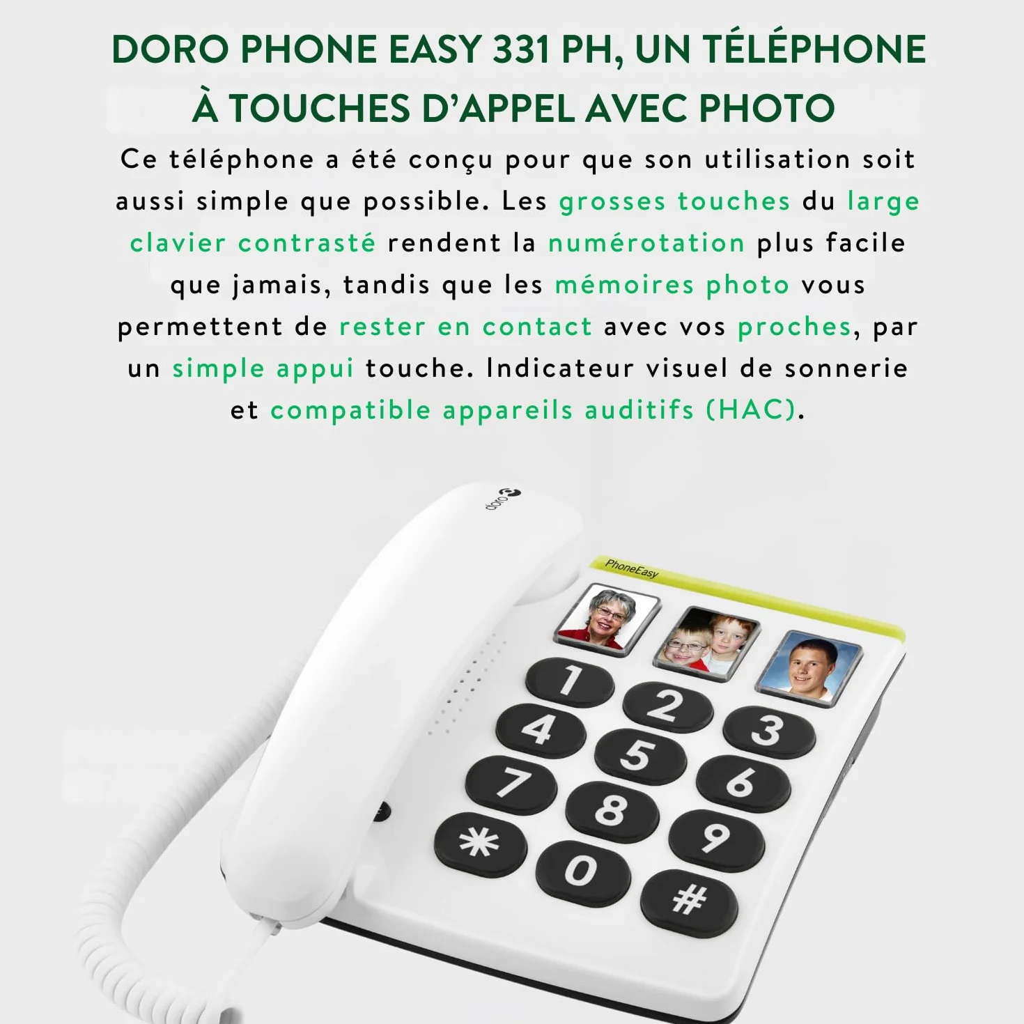 Doro PhoneEasy 331ph Téléphone Fixe pour Seniors Grandes Touches Numérotation Abrégée Compatible Appareils Auditifs