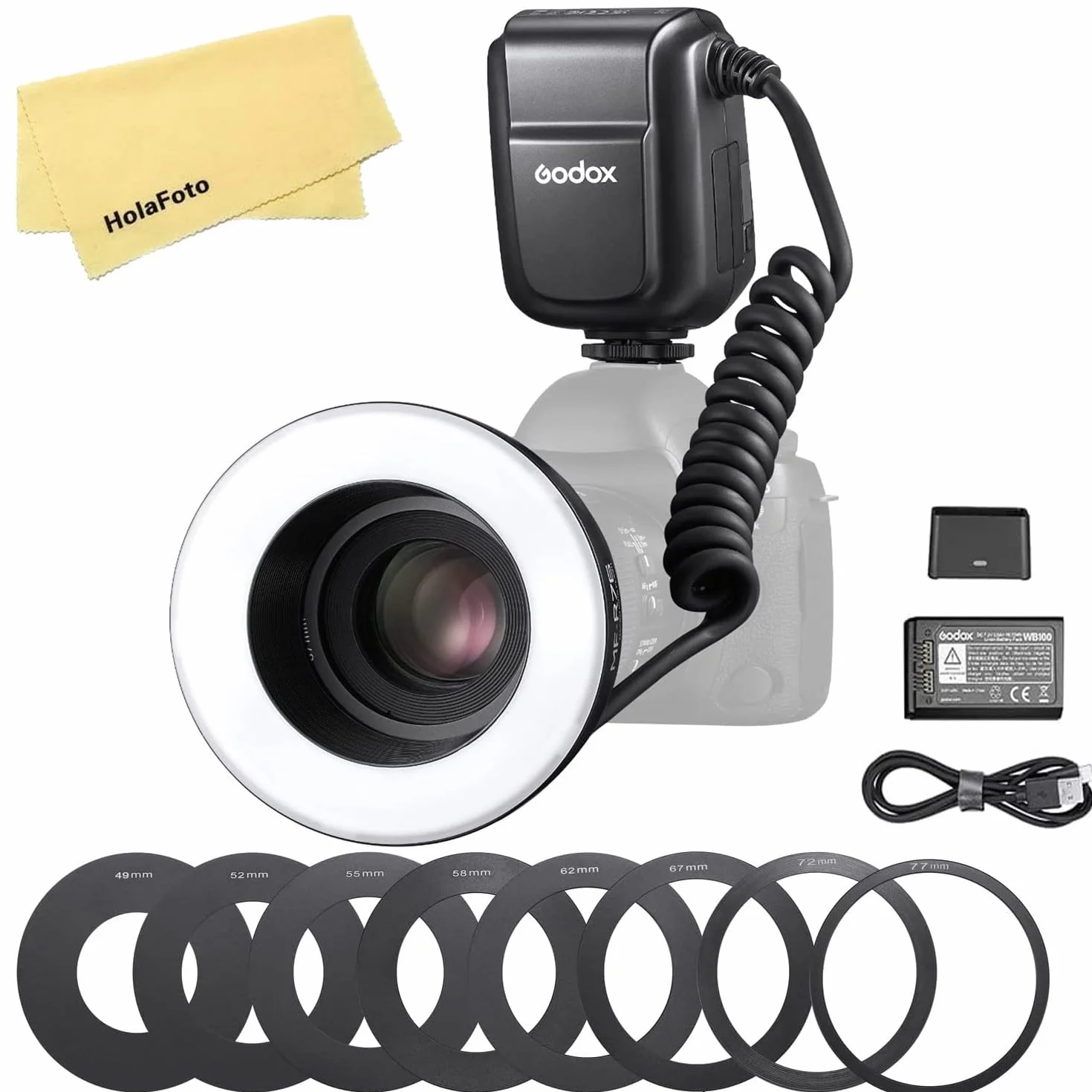 Godox MF-R76 LED Micro Ring Flash avec Batterie Li-ION 2600 mAh et Anneaux Adaptateurs d'affichage LCD pour Canon Sony Nikon Fuji Olympus Panasonic Pentax Flash Speedlight Speedlite Light