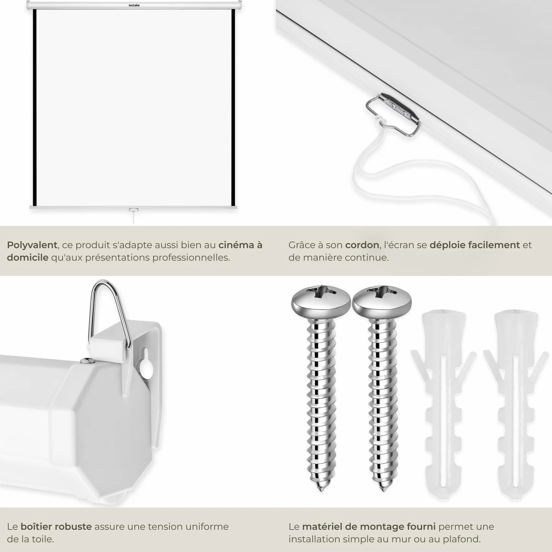 Tectake Écran de Projection 203x203cm 110" 1:1/16:9/4:3 Enroulable Fixation Murale Plafond