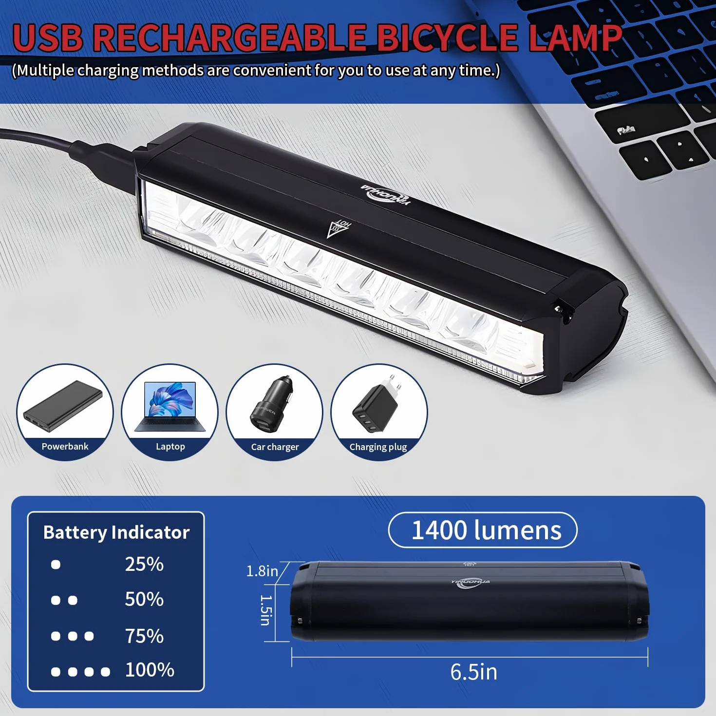 KAOUKUO Lumiere Velo 1400 lumens LED 4000mah Lampe Rechargeable USB IPX5 Étanche Phare VTT Cyclisme Nocturne