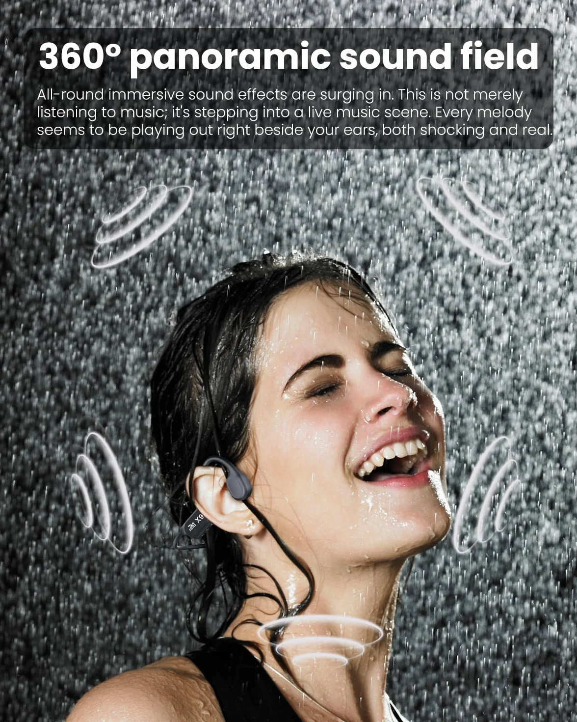 Casque de natation à conduction osseuse Bluetooth V6.0 IP68 MP3 32 Go Noir
