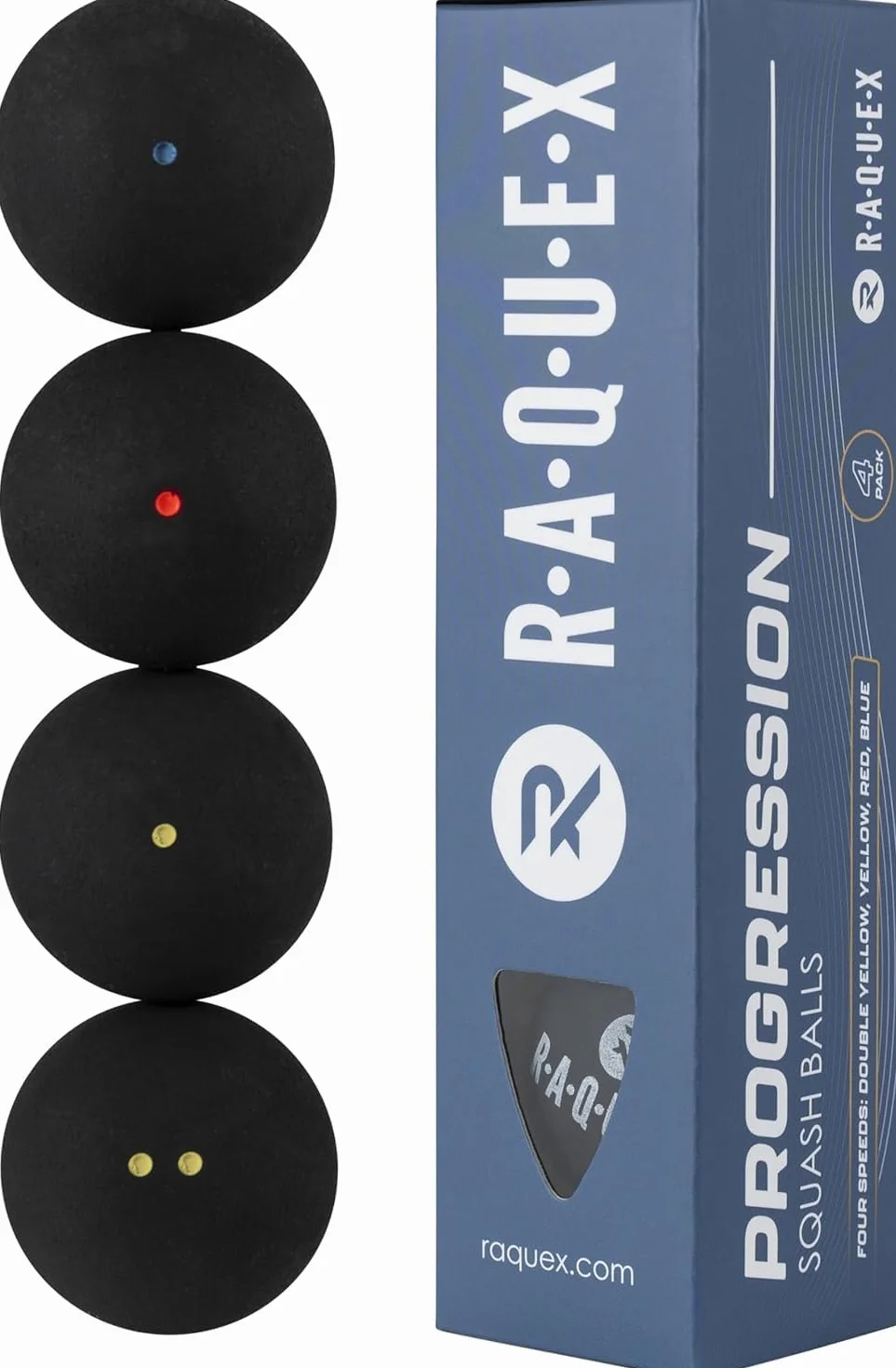 Raquex Balles de Squash Progression 4 Vitesses - Point Rouge, Bleu, Jaune, Double Jaune