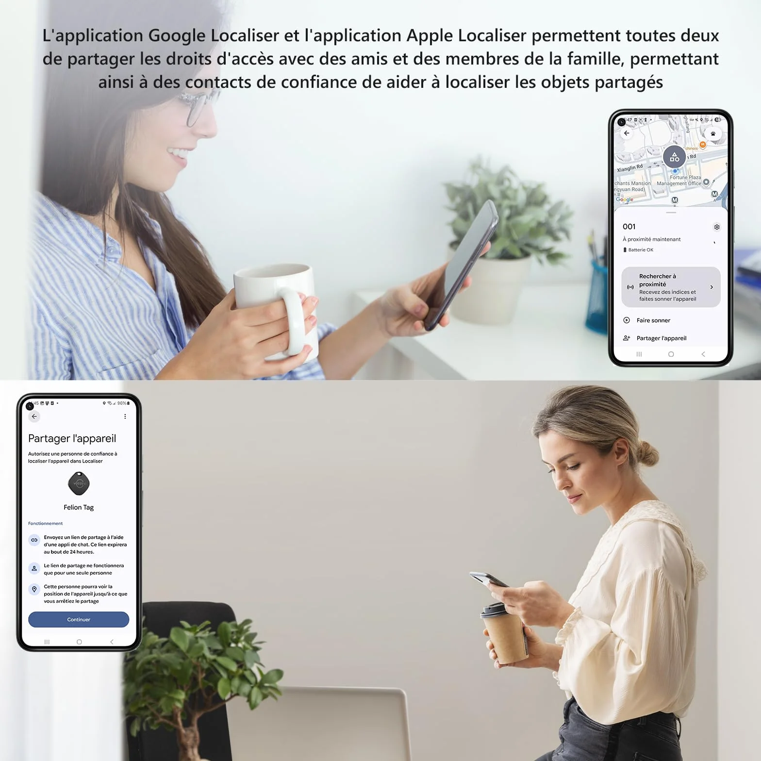 VOCOlinc Android Smart Tag Lot de 4 Double Système, Air-tag Traceur Fonctionne avec l’app Localiser Apple et Google, Tracker Localisateurs D’Objets pour Valise/Clés/Sacs/Bagages, Batterie Remplaçable