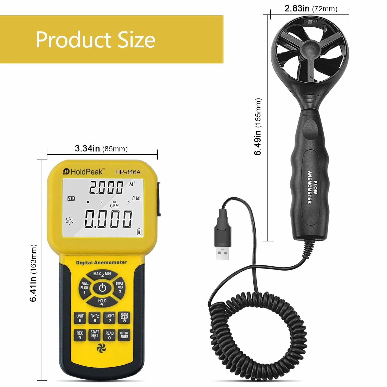 HOLDPEAK Anémomètre Numérique 846A CFM Mesure Vitesse du Vent Température Rétro-éclairage HVAC