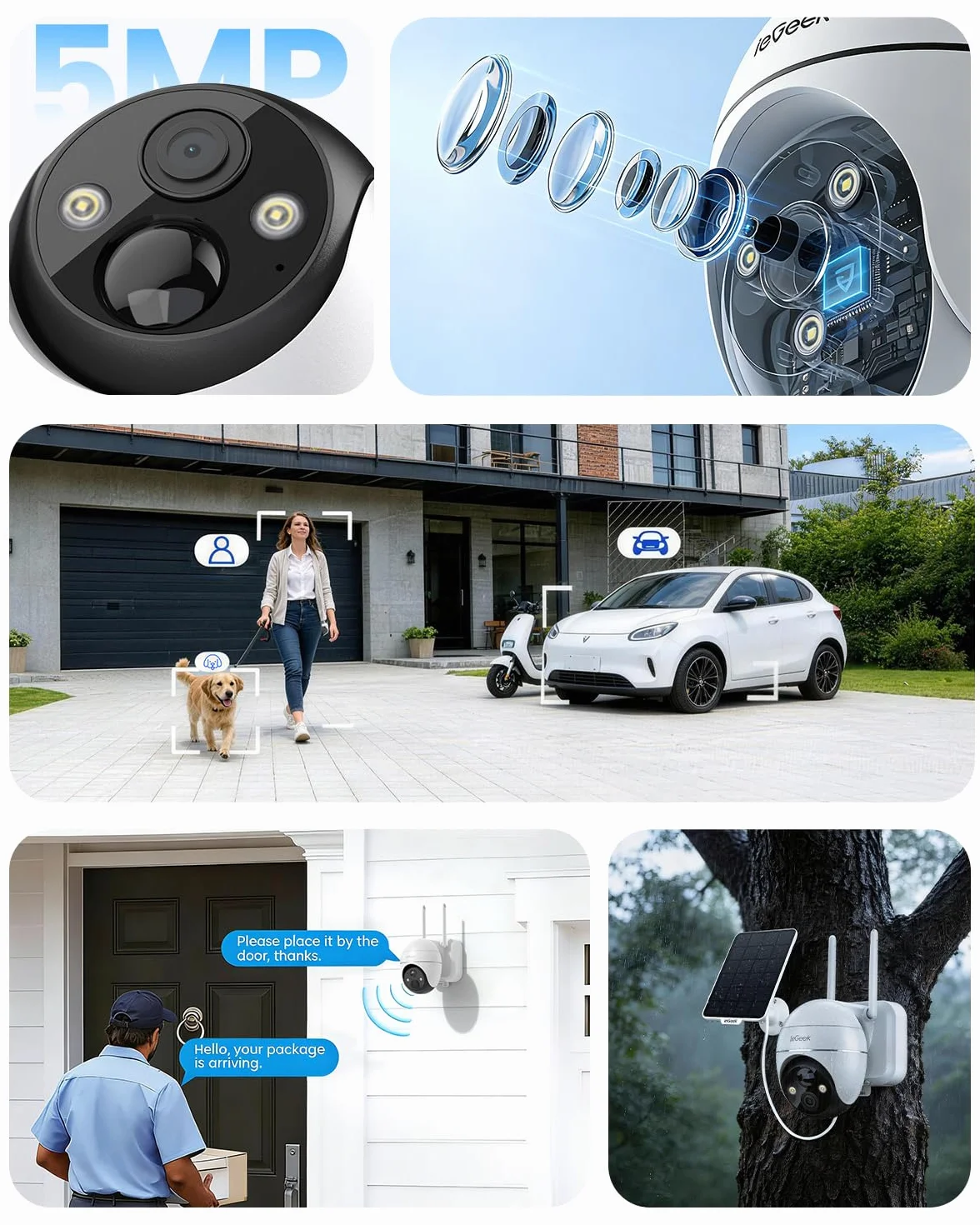ieGeek 3K 5MP Camera Surveillance WiFi Exterieure sans Fil Solaire - 360° PTZ Camera Solaire PIR Détection Humaine, Vision Nocturne Couleur, Audio Bidirectionnel, Sirène Alarme/Alexa/IP65