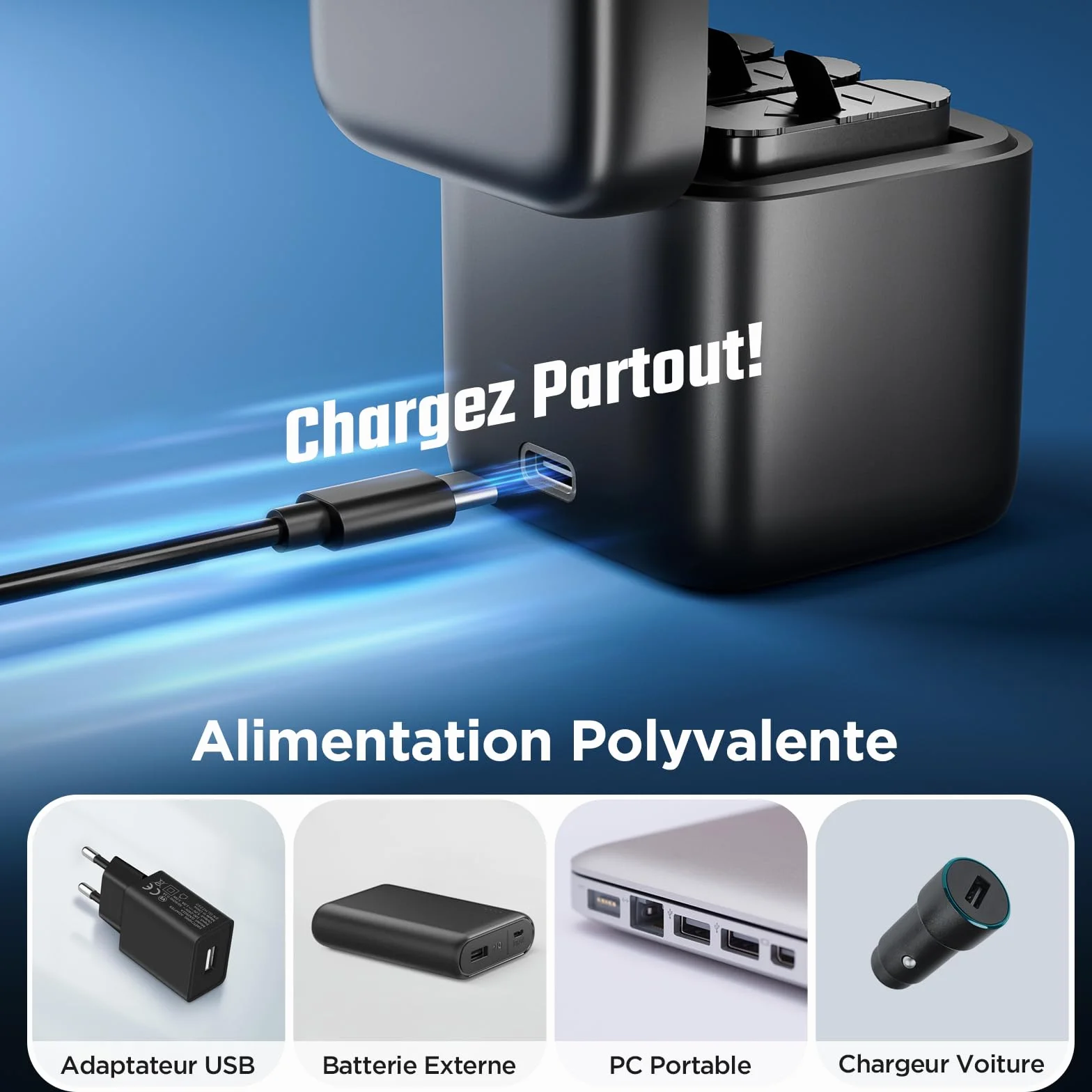Jeebel Chargeur de batterie pour GoPro Hero 13 Black - Chargeur 3 canaux rapide 2,4 A USB-C - Compatible GoPro Hero 13 Black