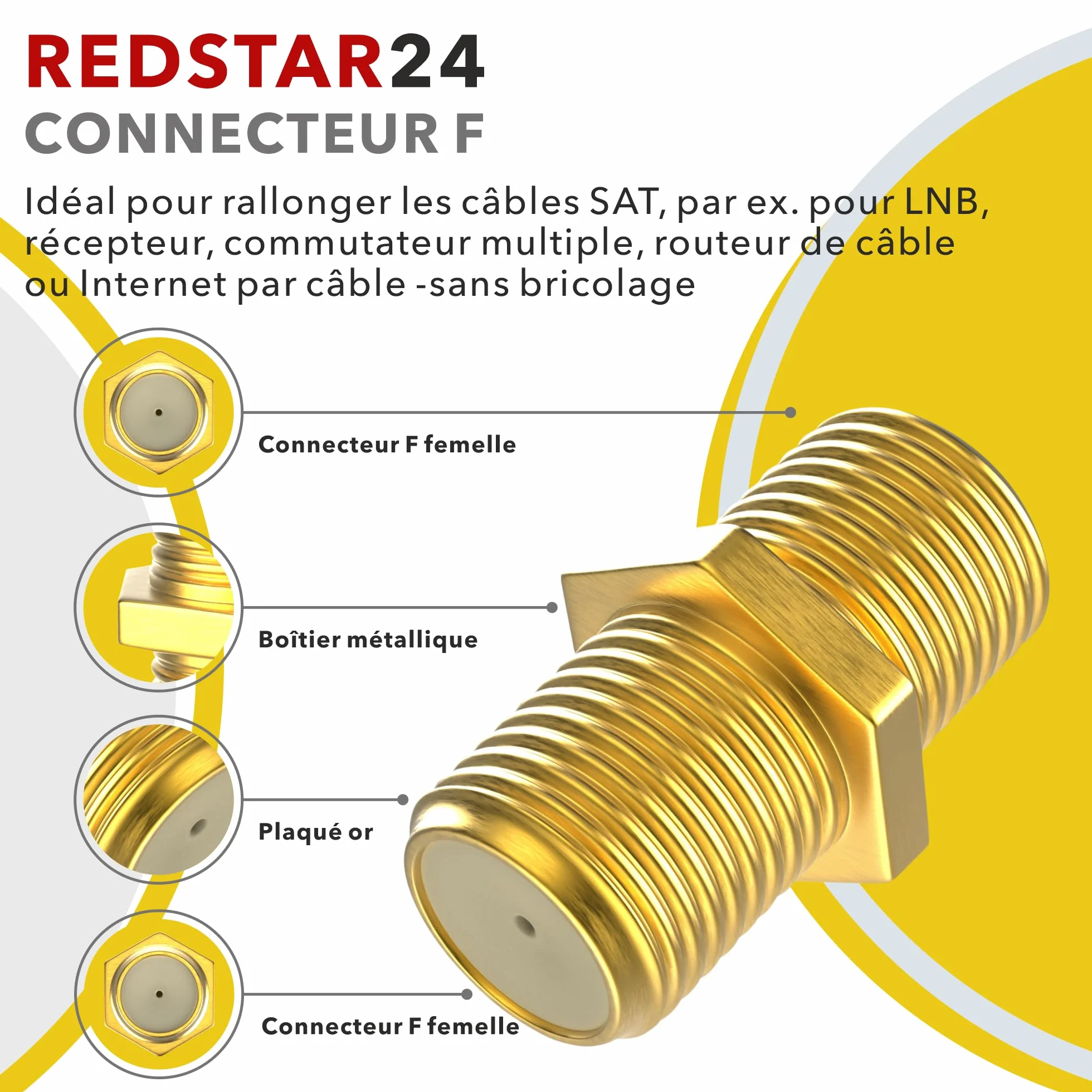 Connecteur F Fiche 7mm 10x + F Coupleur 5X | Joint en caoutchouc | Ecrou large à visser | Rallonge pour câble d'antenne coaxial Câble coaxial SAT | Satellite LNB F mâle + Connecteur Set