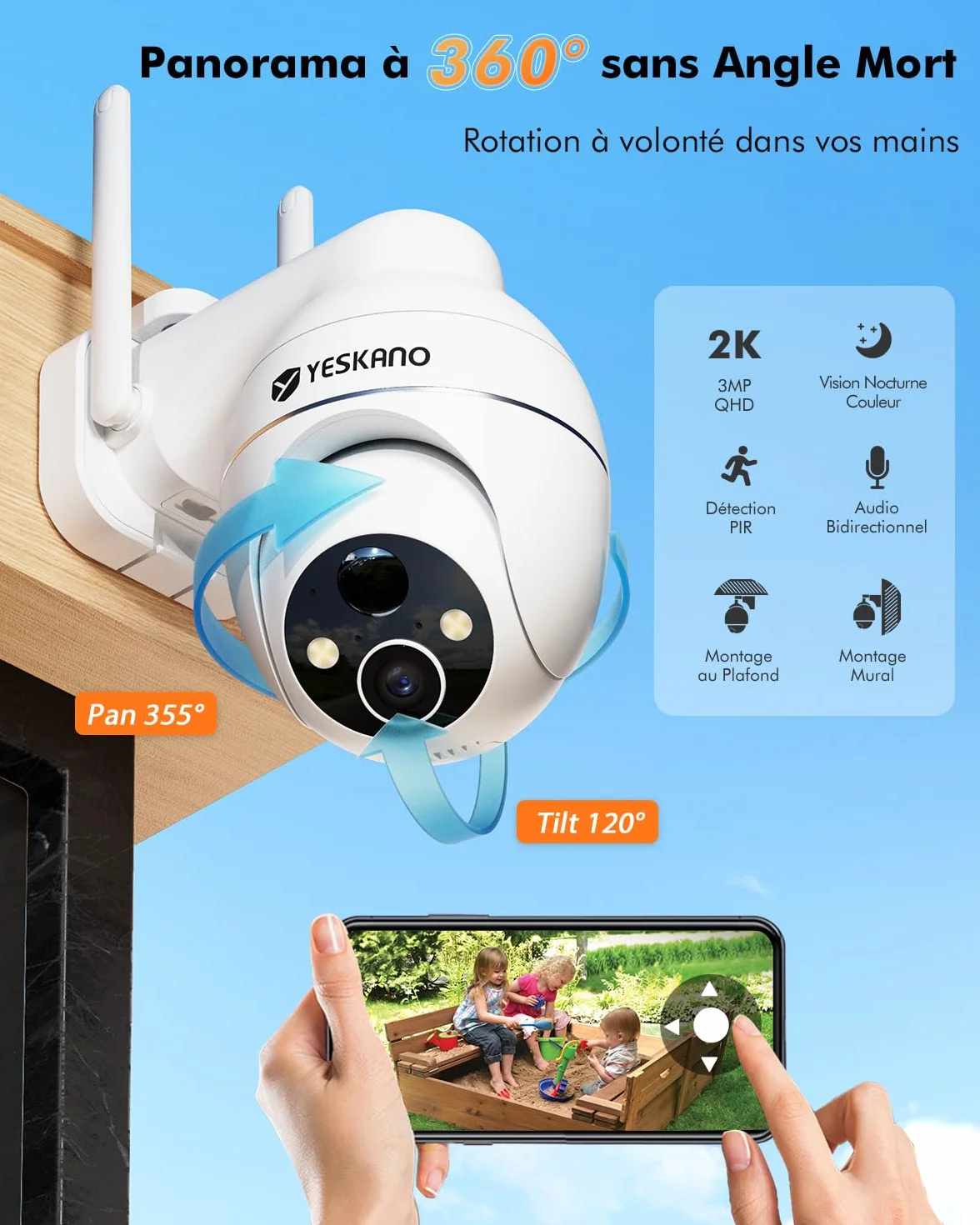 YESKANO 2K Camera Surveillance WiFi Exterieure Sans Fil Solaire, Caméra Extérieure Solaire 360° PTZ, avec Panneau Déporté 2M, Vision Nocturne Couleur, Détection PIR, Audio 2 Voies, 2,4 GHz, IP66 Blanc