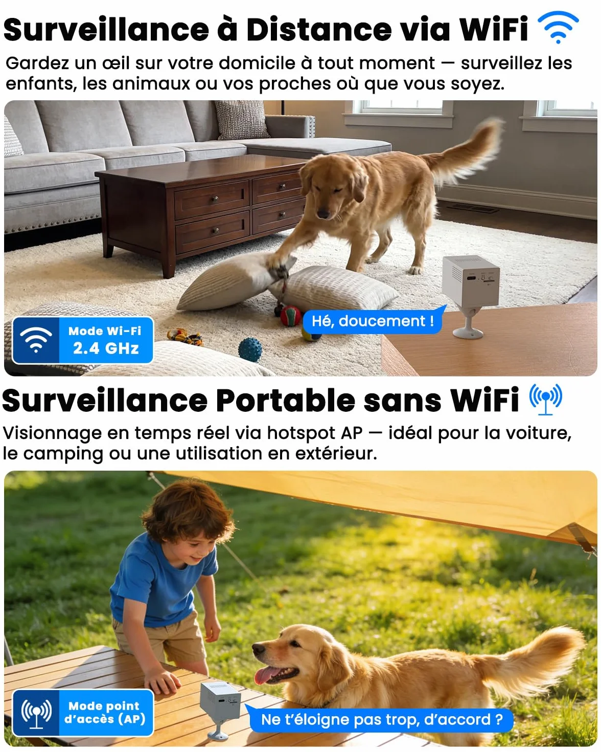 4K Mini Camera Espion sans Fil, Wi-Fi ou Mode AP sans WiFi, Camera de Surveillance sans Internet, Batterie 5200mAh, Vision Grand 160°, Vision Nocturne, Détection Mouvement IA, pour Intérieur/Extérieur