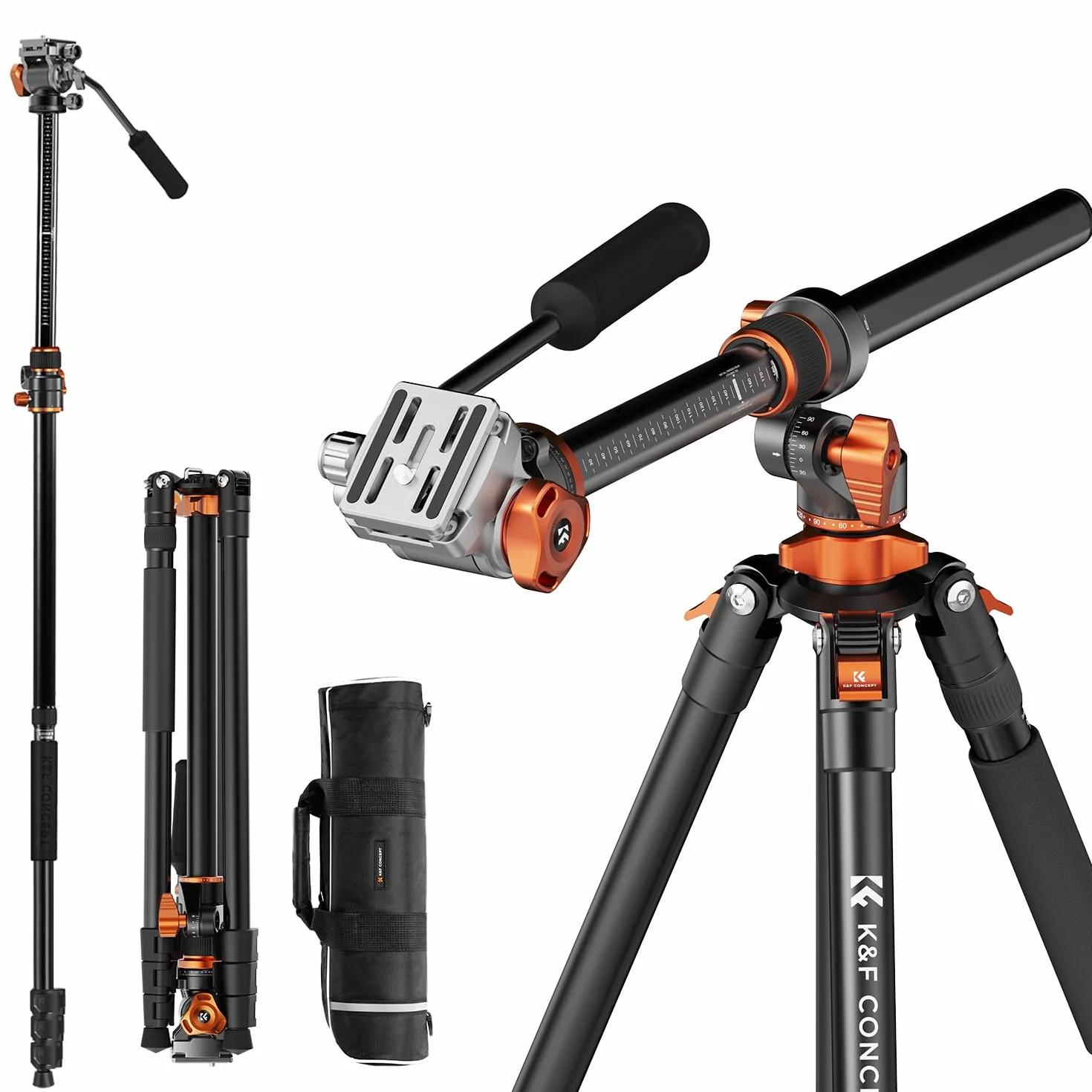 K&F CONCEPT Trépied Vidéo, 231cm Trépied Appareil Photo avec Tête Fluide Inclinaison à 90°/-90°, Horizontal à Colonne Centrale de Rotation à 360°, pour Caméra Vidéo,DSLR, Caméscope -T254A7