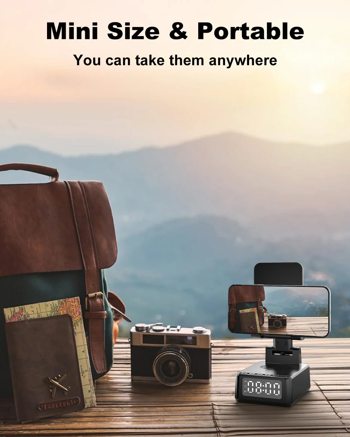 Enceinte Bluetooth Portable 5 en 1 avec Reveil Matin, Chargeur sans fil, Support pliable pour téléphone