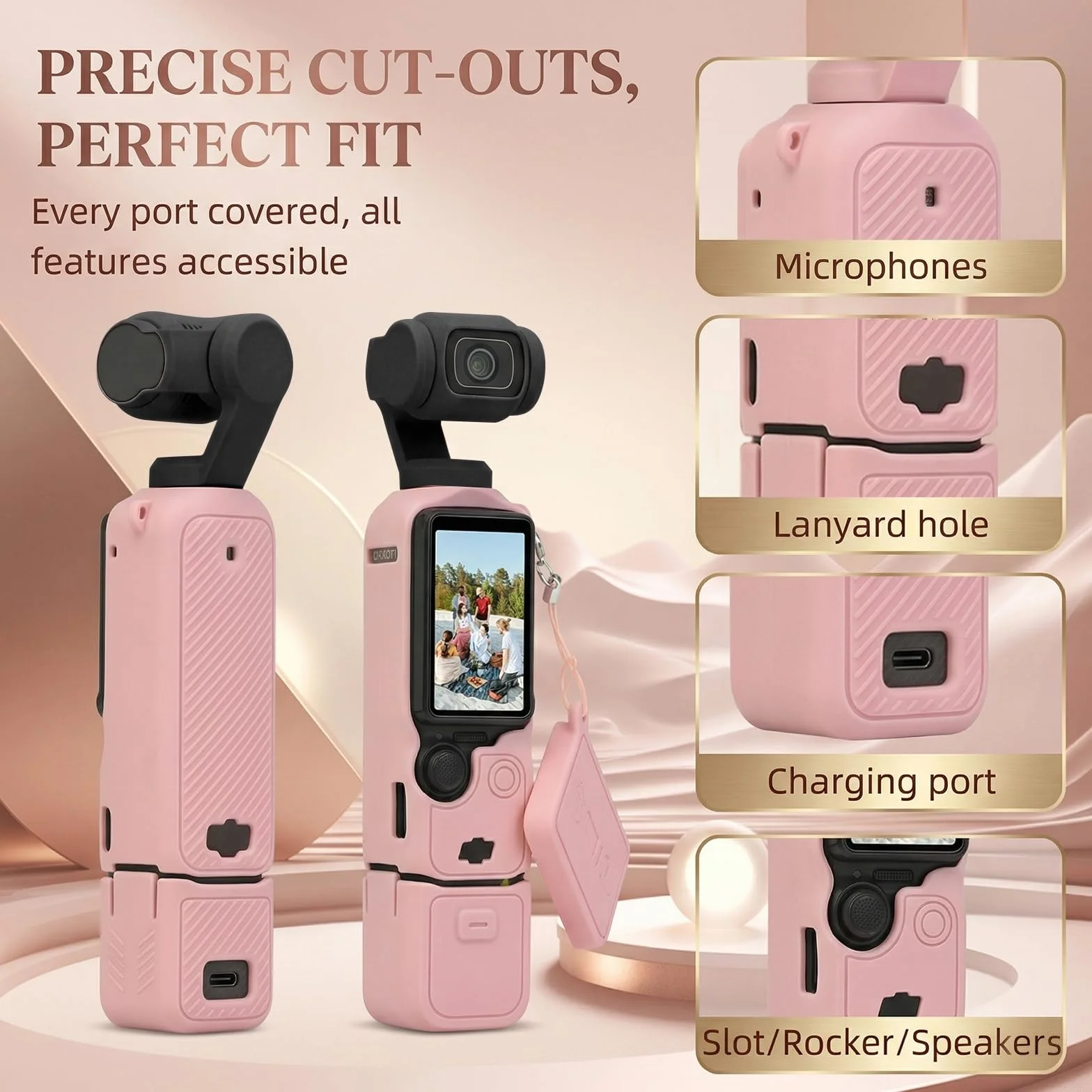 Housse Silicone DJI Osmo Pocket 3, Étui Protection Antichoc avec Dragonne, Coque Antidérapante Ajustement Parfait, Rose