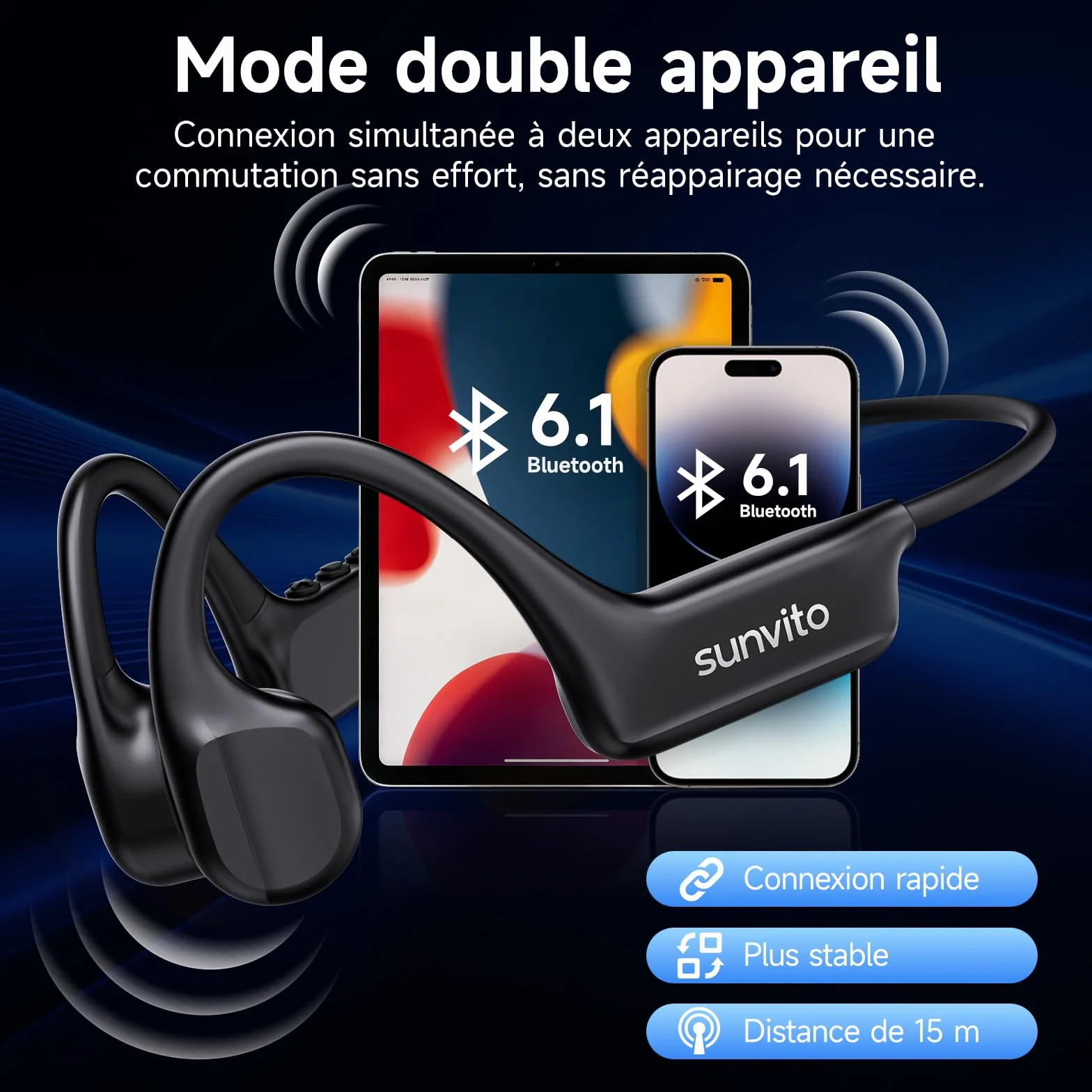 Casque Conduction Osseuse Bluetooth 6.1, Écouteurs sans Fil Open Ear, Recharge Rapide USB-C, IPX7 Étanche, Casque Sport pour Running, Cyclisme, Fitness et Entraînement