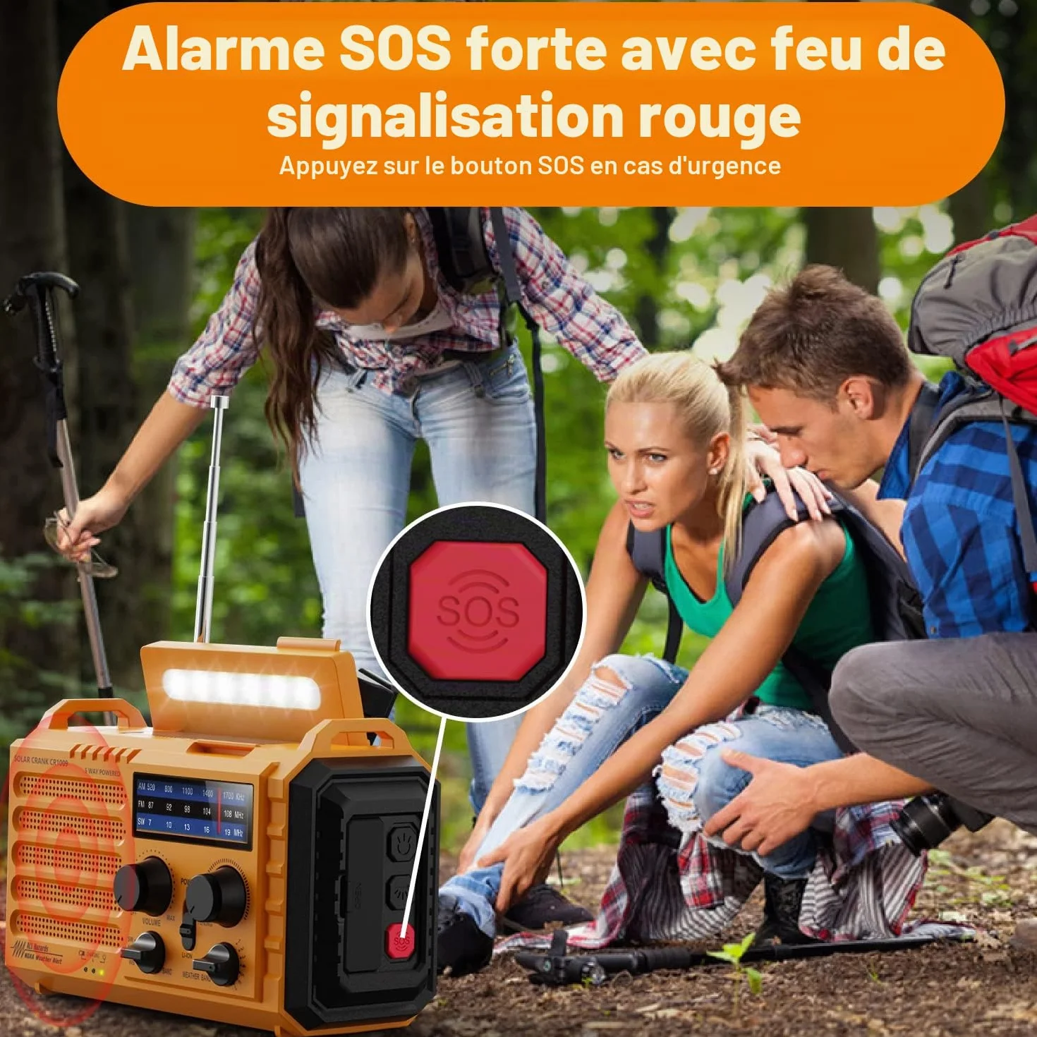 Radio Solaire de Chantier Portable AM/FM/SW 4000mAh Lampe LED Alarme SOS Boussole