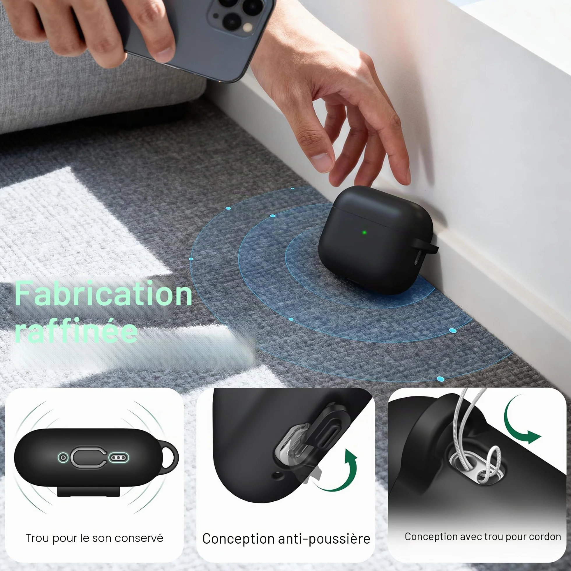 Coque AirPods Pro 3 Silicone Souple Protection Apple AirPods Pro 3e génération Noir avec Kit de Nettoyage Porte-clés