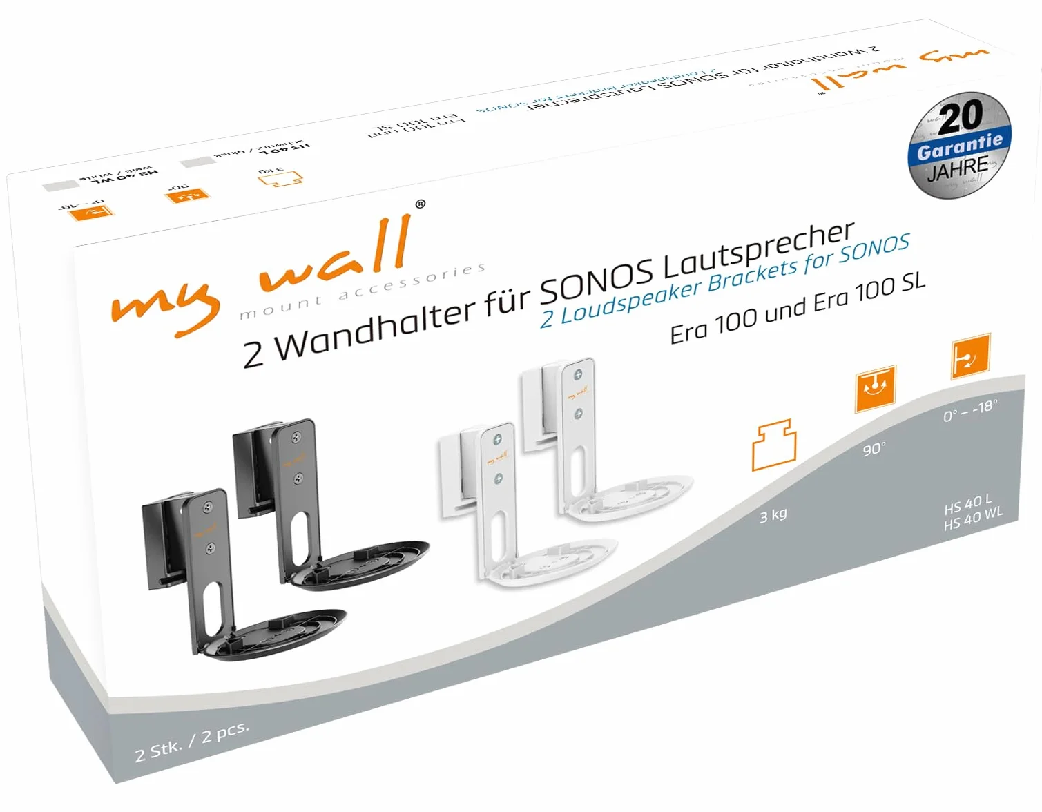 my wall Sonos Era100 HS40WL Lot de 2 Supports muraux pour Sonos Era100, inclinable, pivotant, Peu encombrant, Parfaitement réglable, Support Sonos avec Gestion des câbles