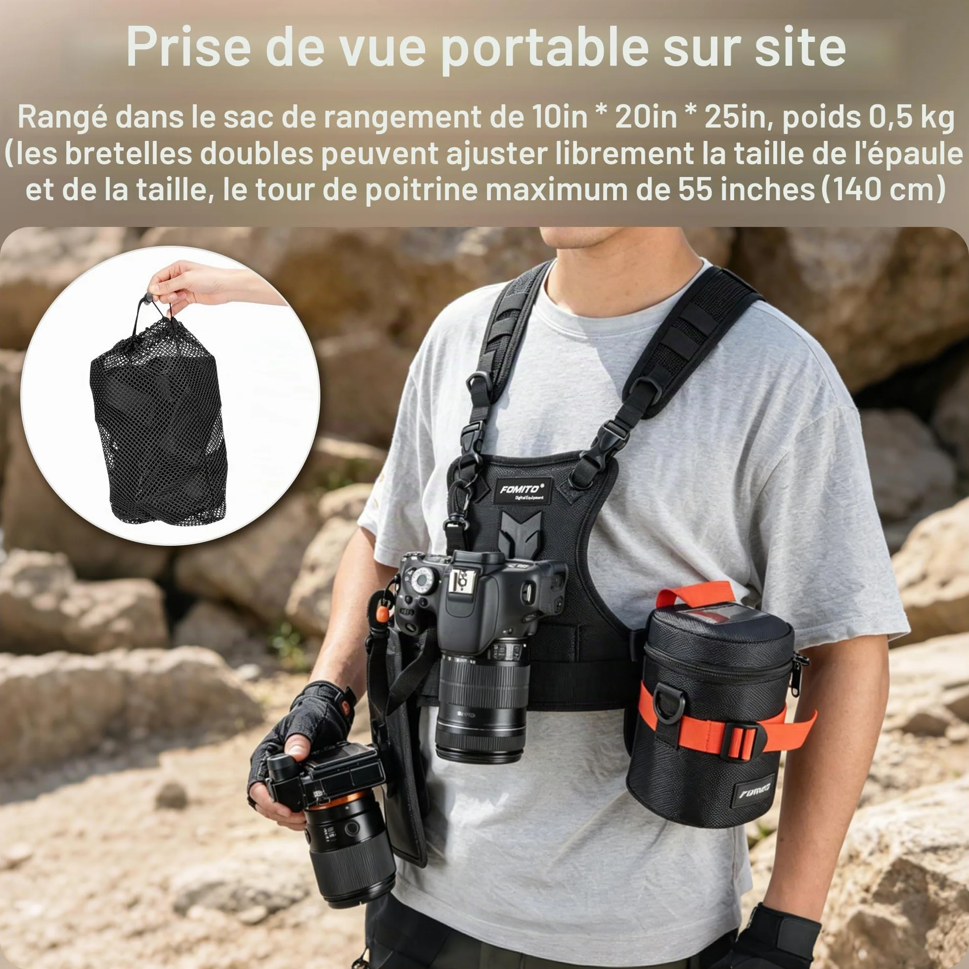 FOMITO Camera Chest Harness System Gilet de transport multi-appareil photo avec étui latéral Gris Compatible avec Canon Nikon Sony Panasonic Olympus DSLR