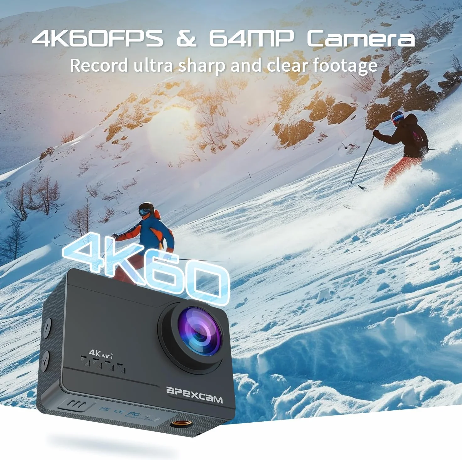 Apexcam Action Cam 4K 60FPS 64MP Écran Tactile Stabilisation EIS Étanche 40M WiFi Télécommande 2 Batteries 1350mAh