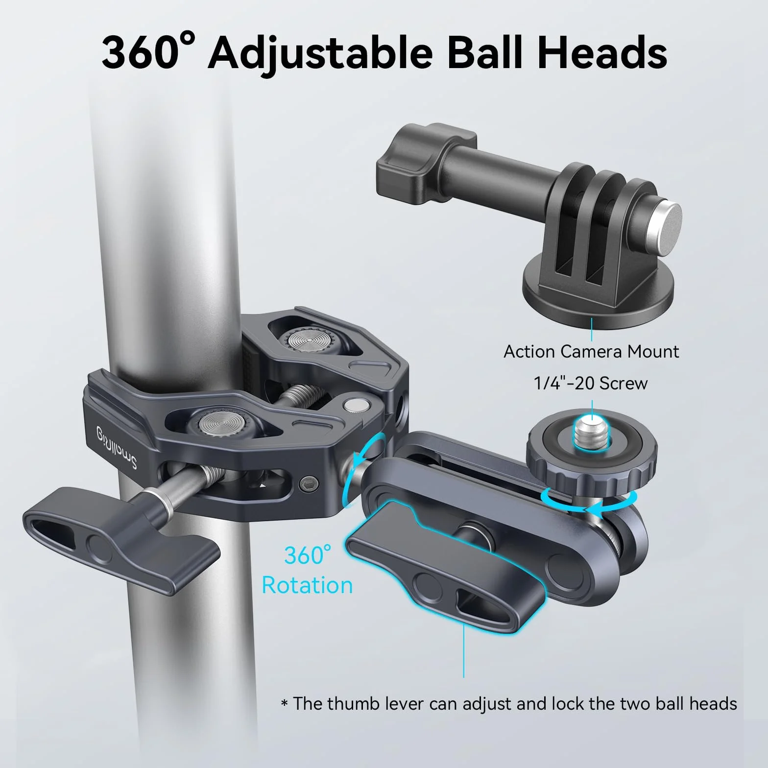 SMALLRIG Super Clamp Ballhead Magic Arm Pince de Caméra, Pince de Moniteur en Forme de Crabe avec 1/4"-20, 3/8"-16 Trous Filetés pour Caméras d'action, Moniteurs, Lumières LED, Microphones- 3757B