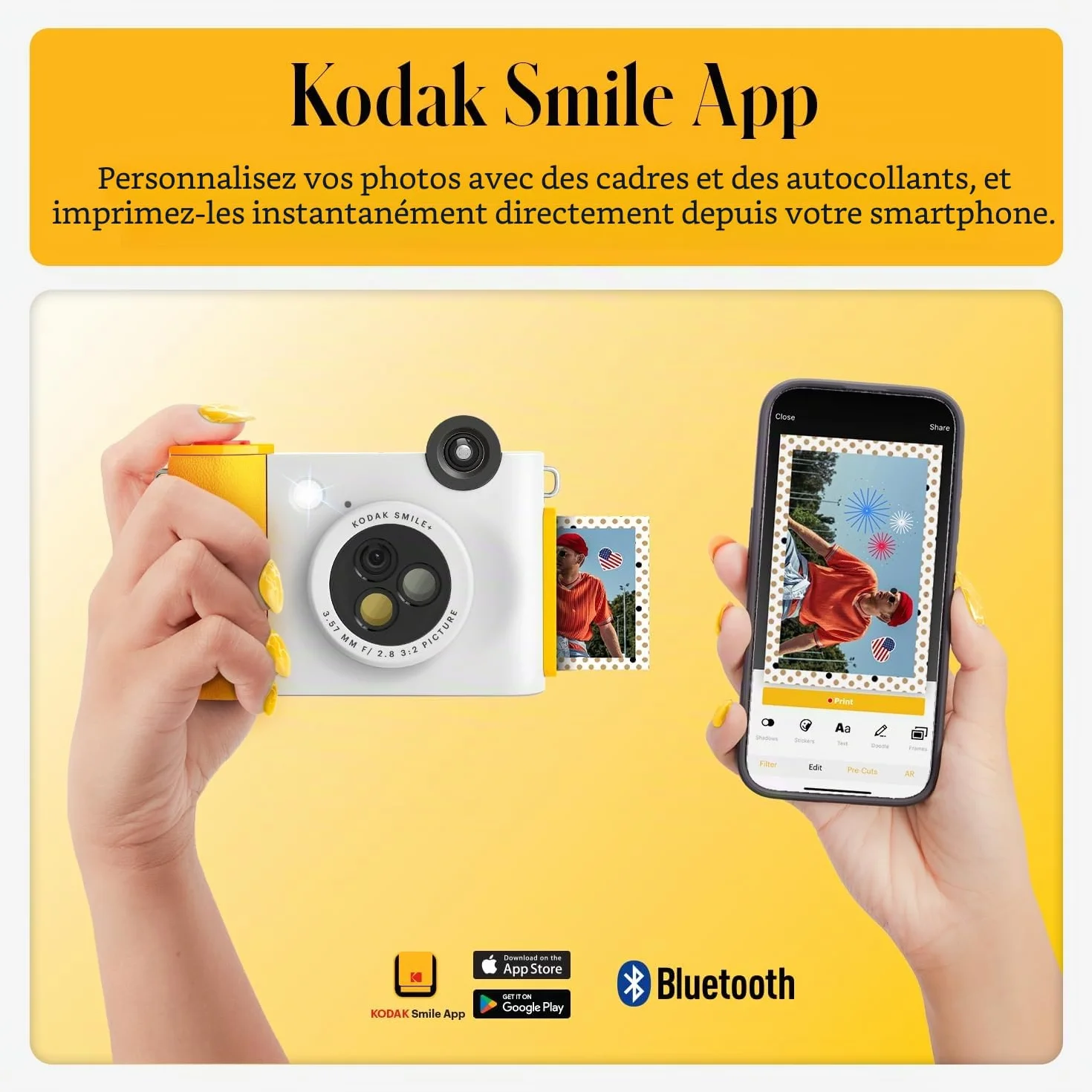 KODAK Smile+ 2 in 1 Appareil Photo numérique instantané et imprimante Photo sans Fil Bluetooth, 2x3 (5,1x7,5 cm), 10 MP, Objectif Rotatif à Effets spéciaux, Photos à Dos adhésif, Blanc