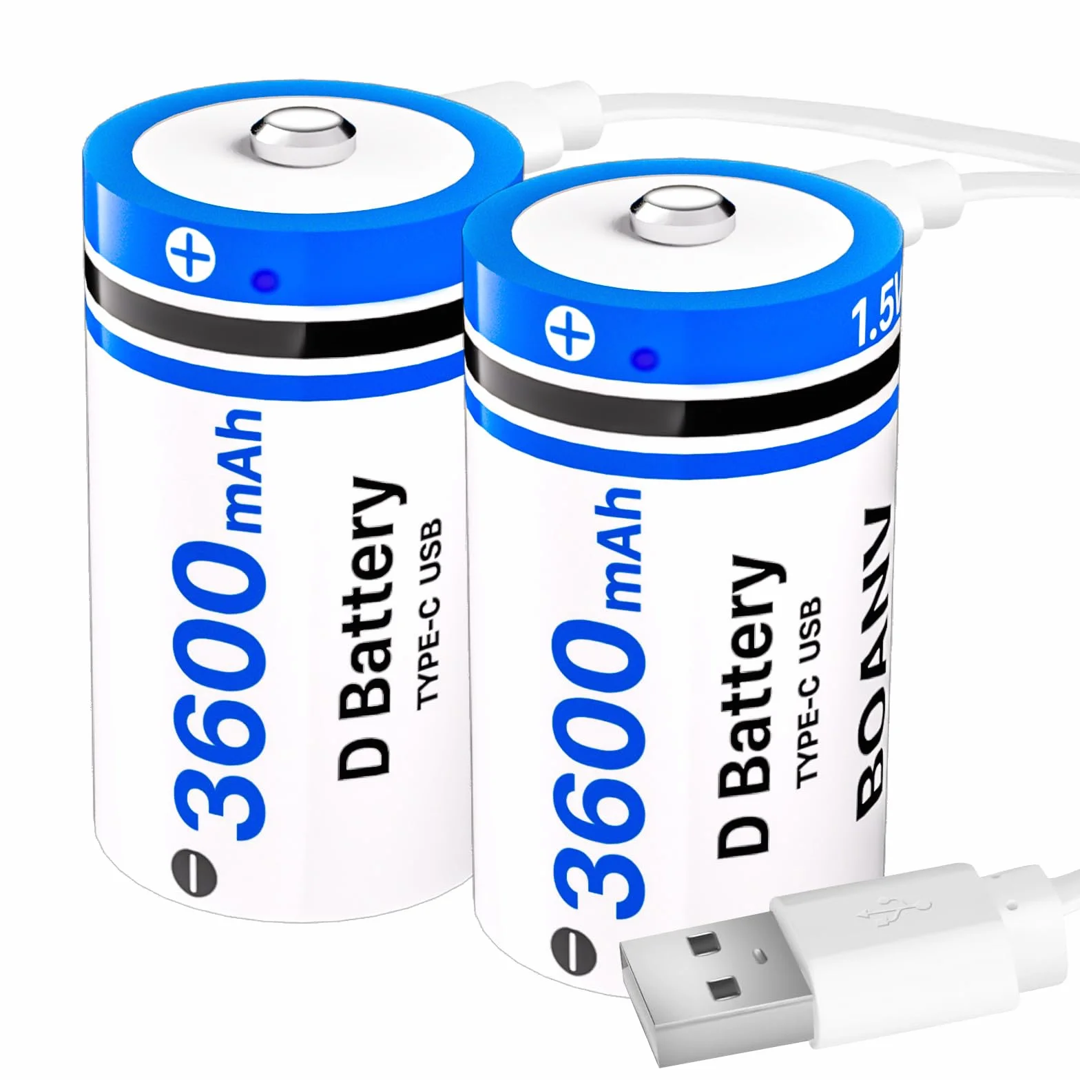 Piles D Rechargeable Lithium,3600mAh BOANV D Batterie Rechargeable avec Câble de Charge USB-C Pile de Remplacement pour Lampe de Poche (Lot de 2)
