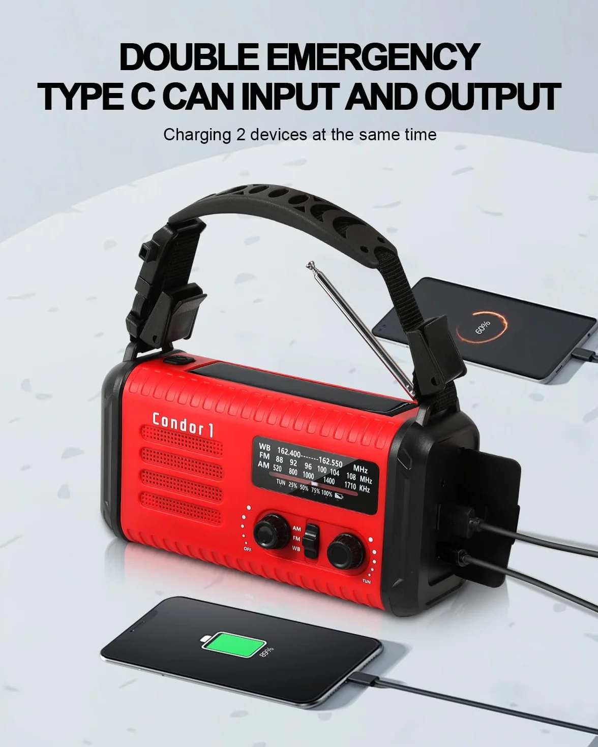 Radio à manivelle d'urgence 20 000 mAh 74 000 mWh NOAA AM FM solaire avec chargeur téléphone lampe de poche