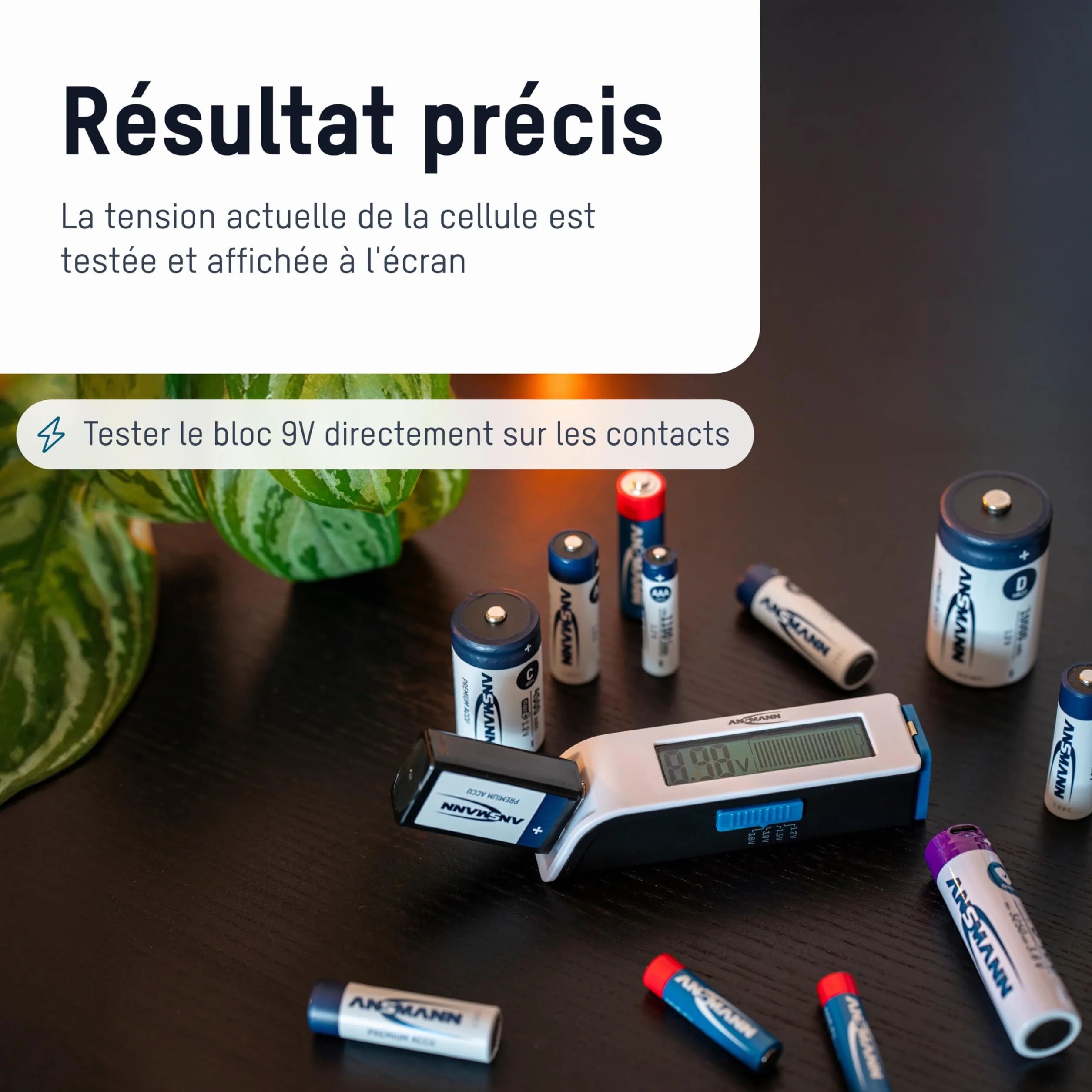 ANSMANN Testeur de piles pour piles rechargeables, piles & piles bouton au lithium usuelles (plus grandes que 2025) résultats précis sur écran LCD, test rapide & facile, Comfort Check compact