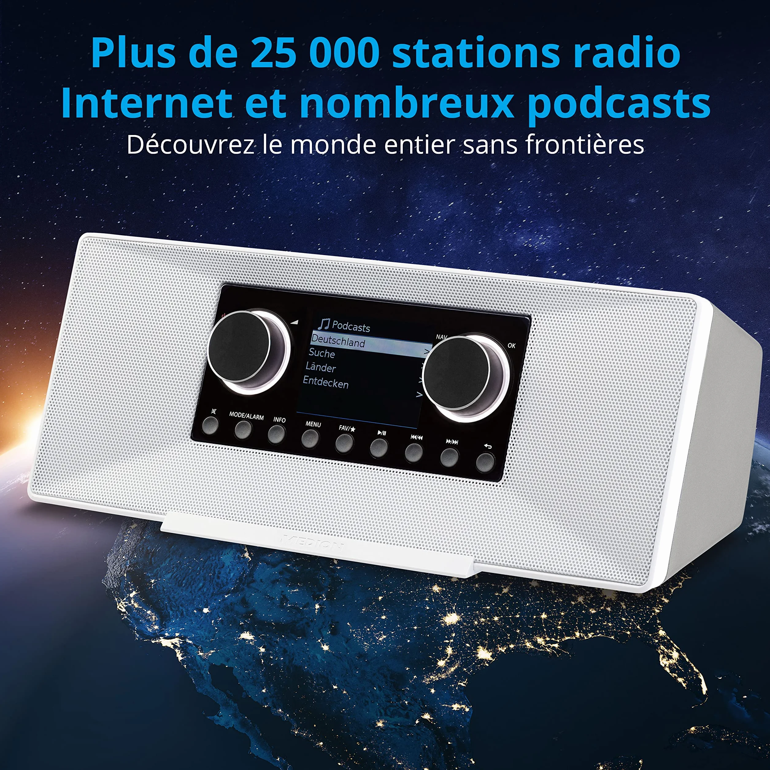 MEDION P85333 Radio Internet avec Dab+ (WiFi, FM, Spotify Connect, Amazon Music, USB, Prise Casque, AUX, Stereo Line-Out Cinch, Sleep Timer) Blanc
