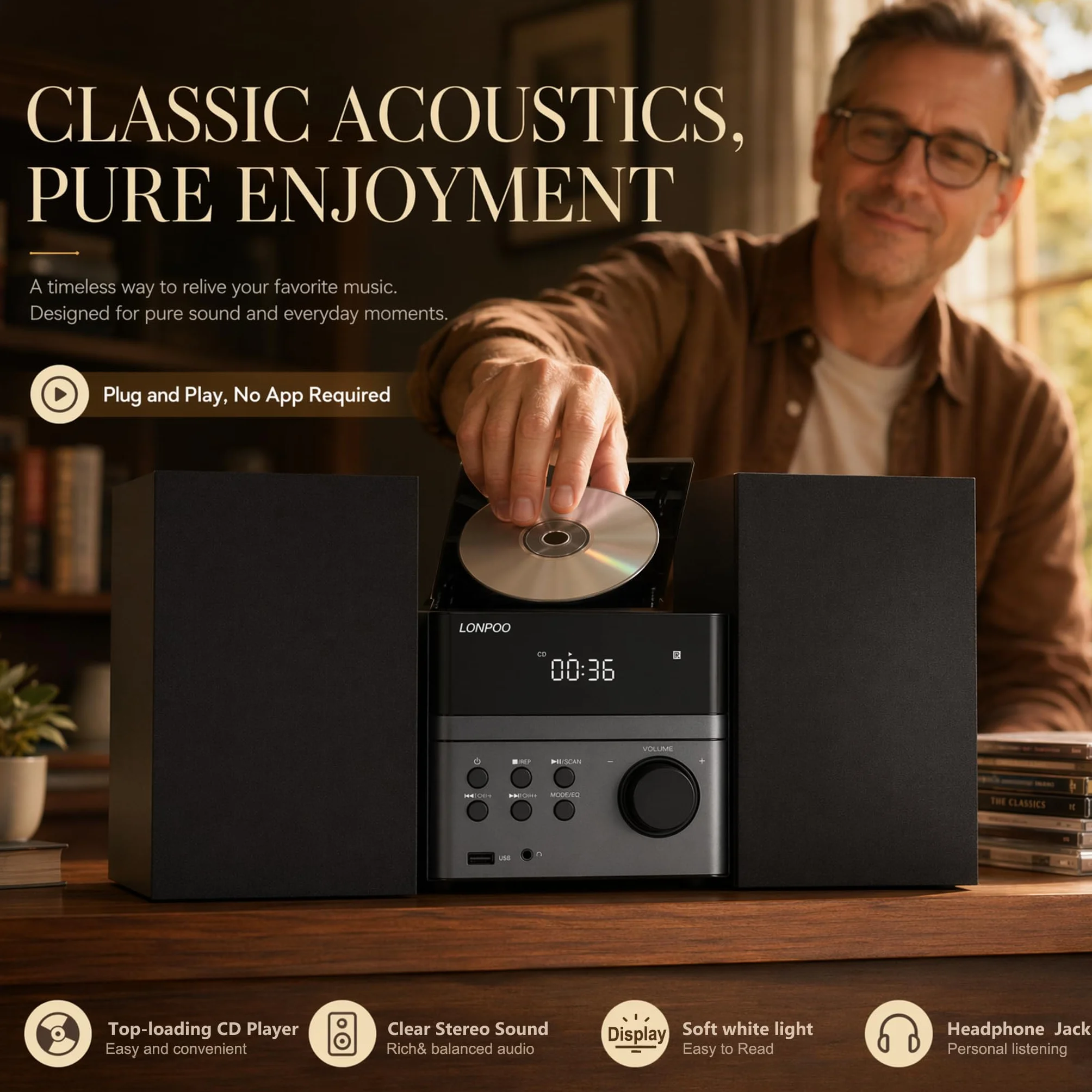 Micro Chaîne Hi-FI Stéréo Système compacte - avec Lecteur CD, Bluetooth, Radio FM, USB, AUX-in, écran LED et Grand Bouton, télécommande (EU-128BT) | Lecteur CD, Bluetooth, radio FM, entrée USB/AUX, sortie casque, technologie DSP, suppression des sons et b