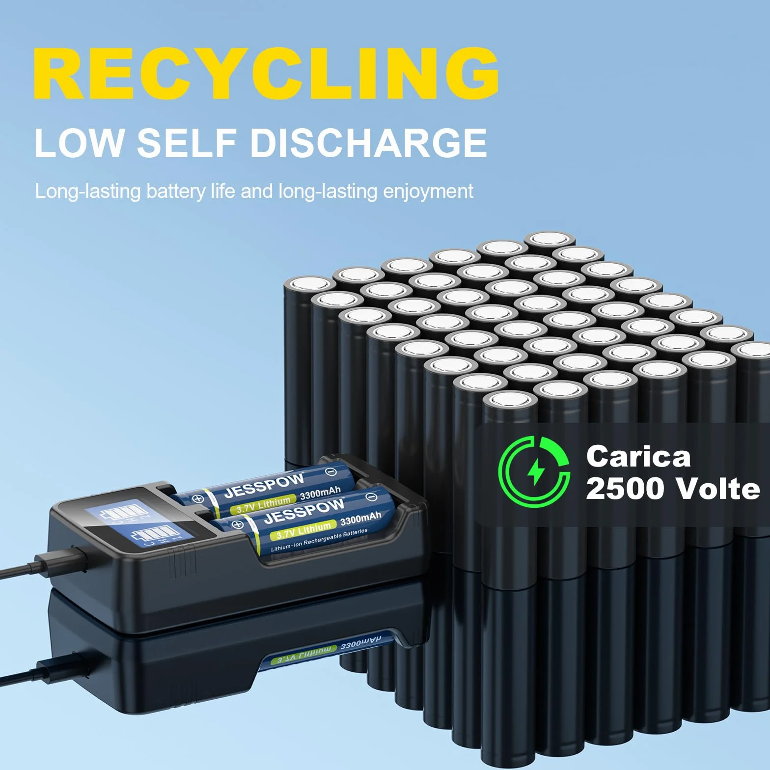 Piles Rechargeables 3.7V 3300mAh Button Top avec Chargeur pour Lampe de Poche Sonnette Télécommandée 2Pcs 18x65mm