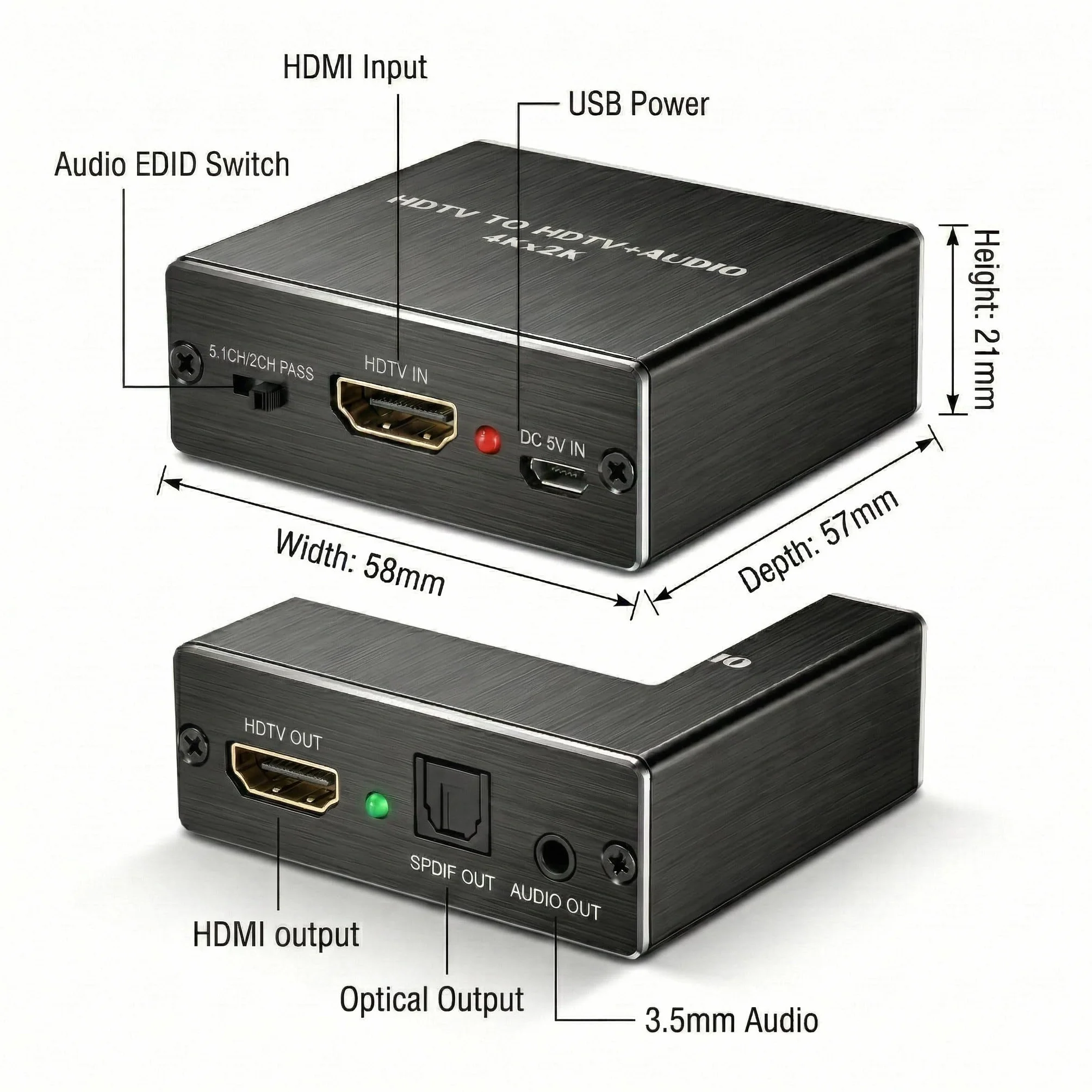 Extracteur Audio HDMI 4K Convertisseur vers Optique Spdif Toslink + Jack 3.5mm Stéréo, Adaptateur Splitter Audio Vidéo Séparateur de Son (3 Modes: Pass/2CH/5.1CH) pour PS5/PS4/Fire TV/Ampli