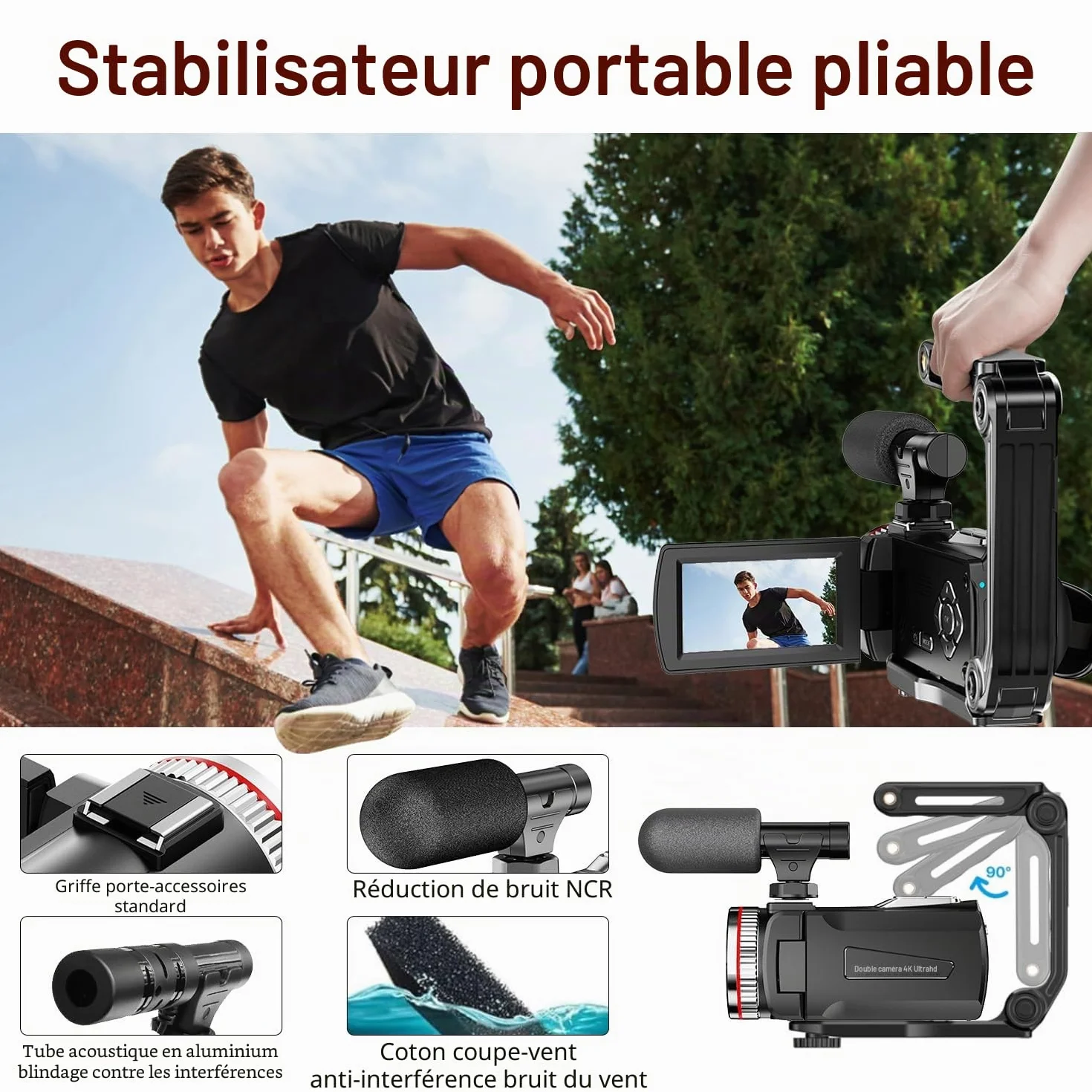 Caméra Vidéo 4K 64MP Caméscope Vlogging avec Écran Rotatif 270°, Carte 64 Go, Microphone, Stabilisateur, Télécommande, 2 Piles
