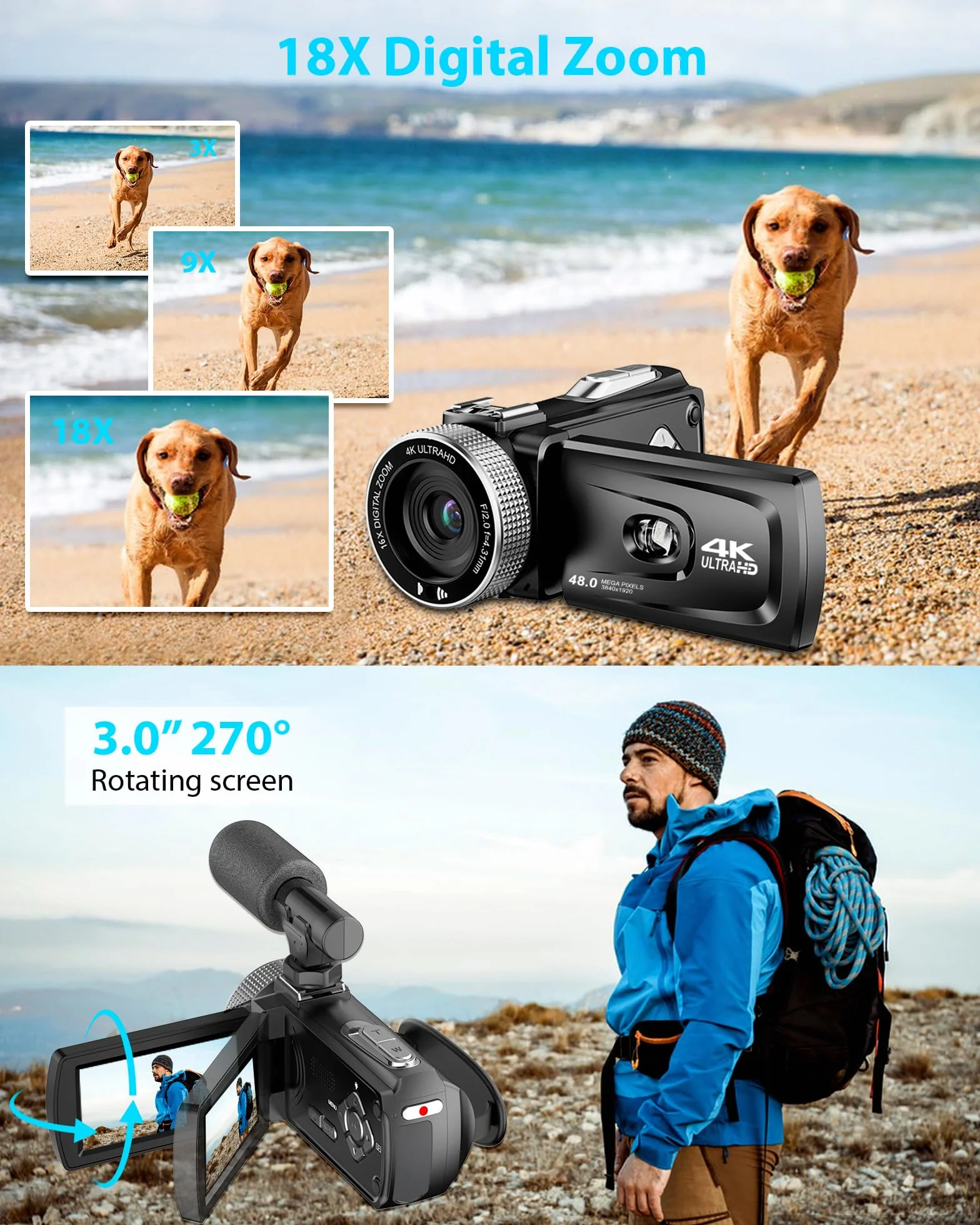 Caméscope 4K 48MP Caméra Vidéo Zoom 18X Écran Rotatif 3" 270° avec Carte 32 Go 2 Batteries