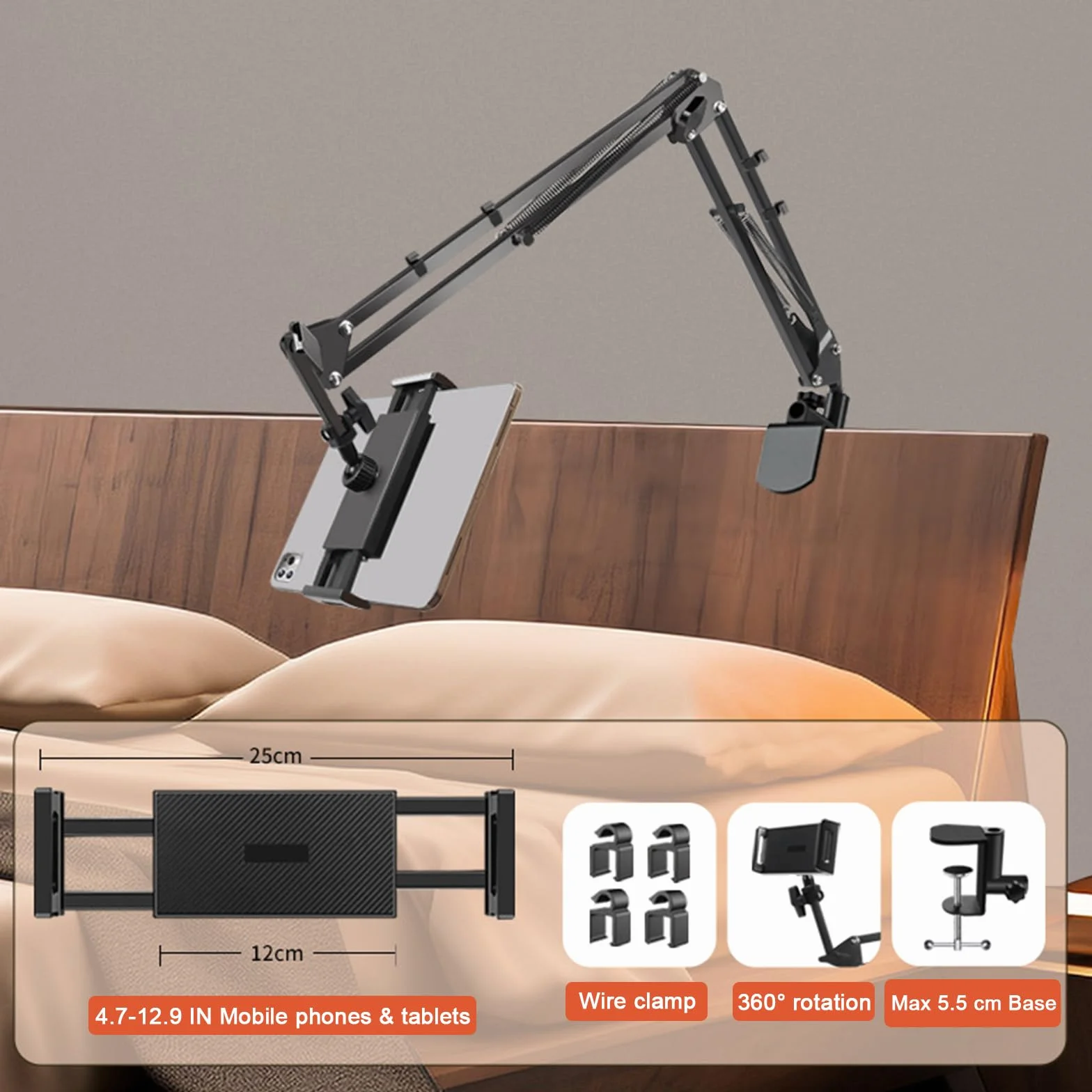 Support Telephone Lit, Flexible Long Bras Rotation 360° Réglable, 4,7-12,9 Pouces, Lisez en Position Allongée sans Avoir à Tenir Votre Kindle, Votre Téléphone Portable ou Votre Tablette