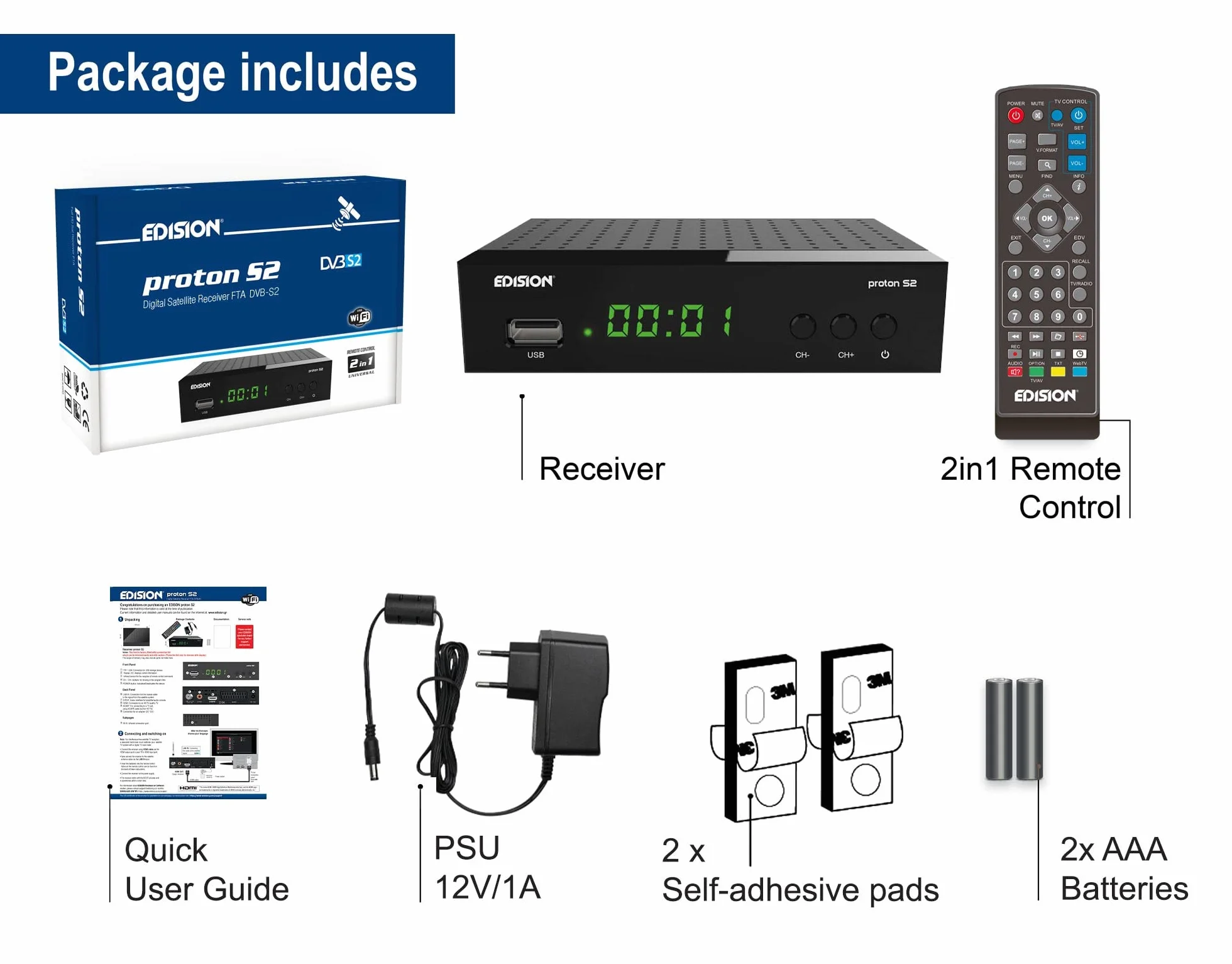 EDISION PROTON S2, DVB-S2 Full High Definition Free-Τo-Air récepteur satellite, WiFi support, Télécommande IR 2en1