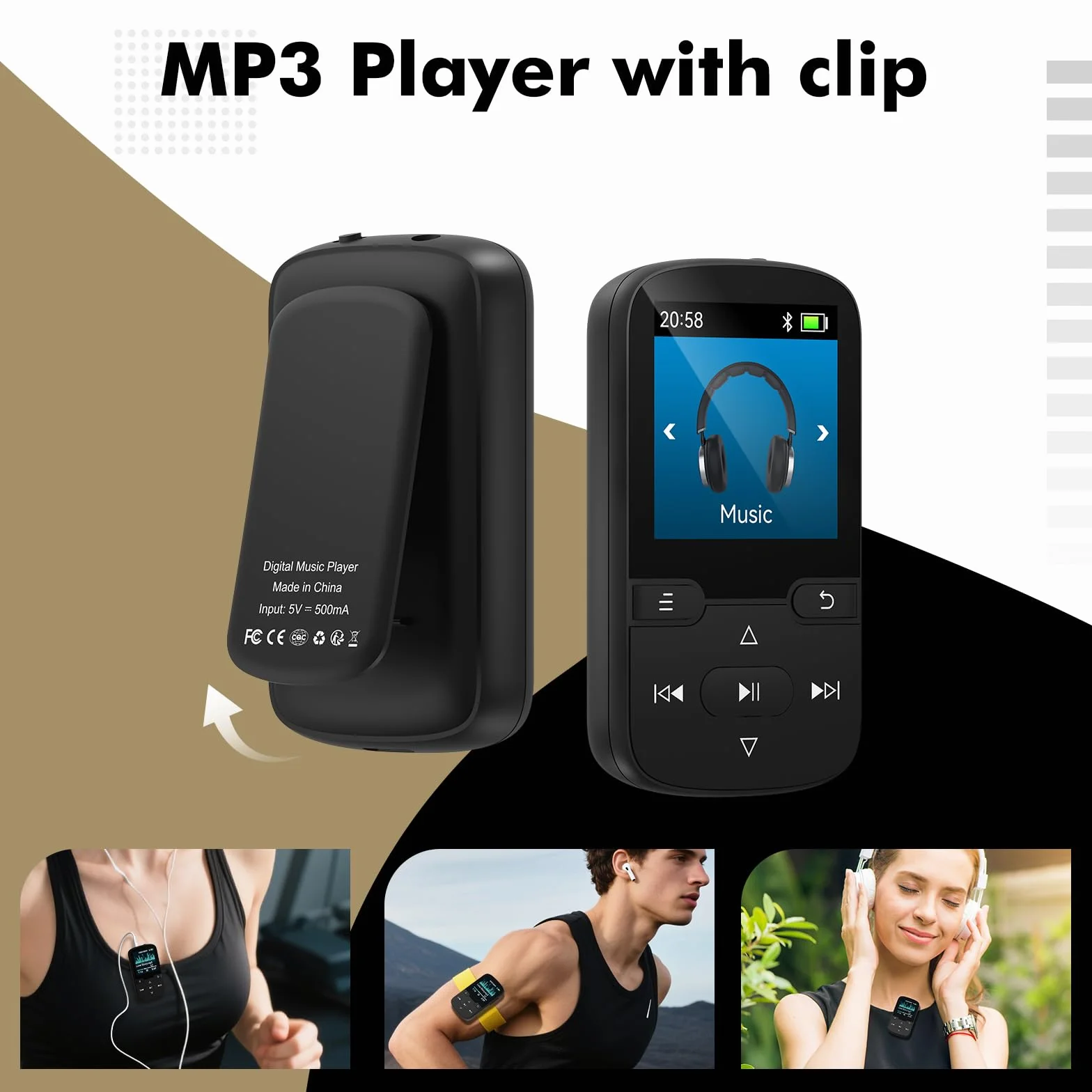 Lecteur MP3 Bluetooth 5.3 64 Go avec Clip, Radio FM, HiFi Portable, Noir