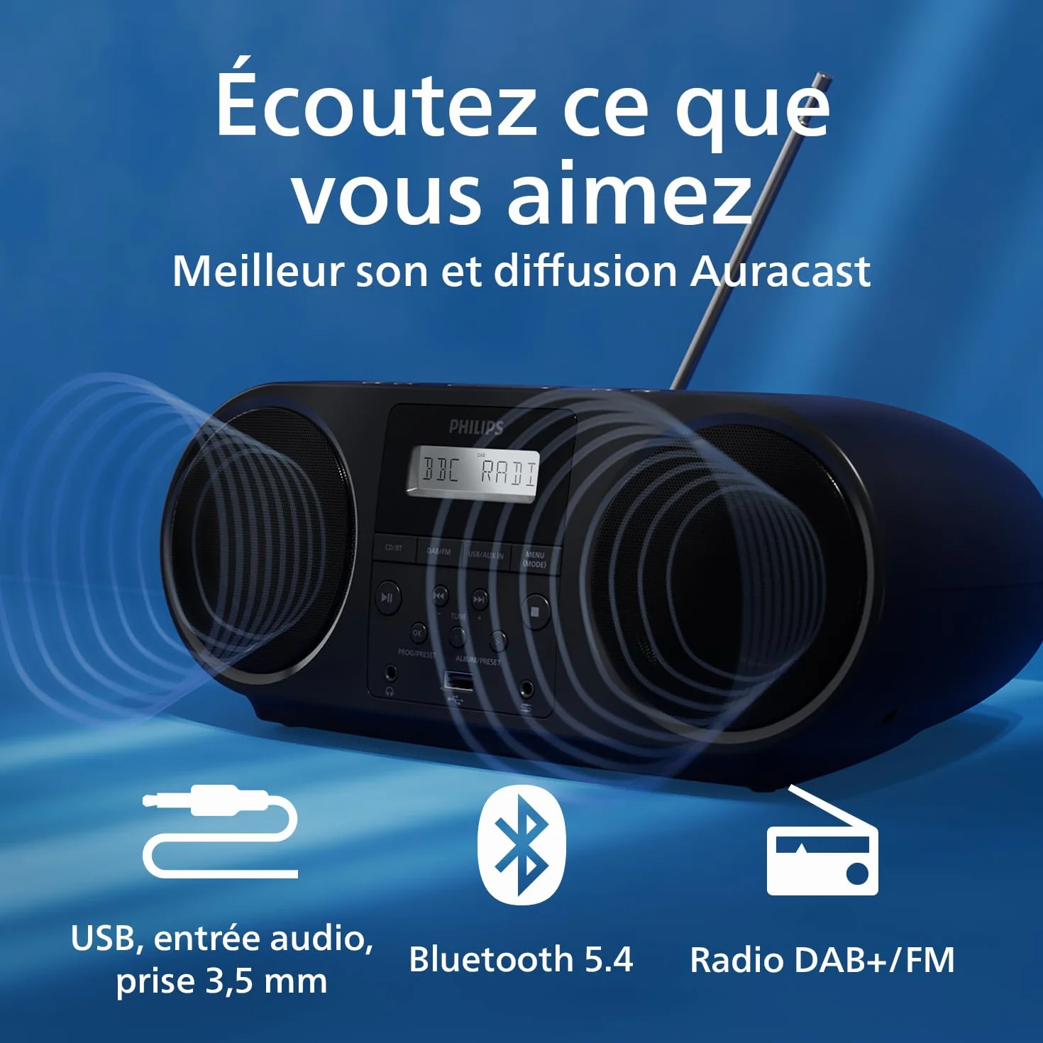 Philips TAZ6000 Lecteur CD/Radio FM Tout-en-Un DAB+ Bluetooth 5.4 USB Batterie CA Amplification Dynamique des Basses