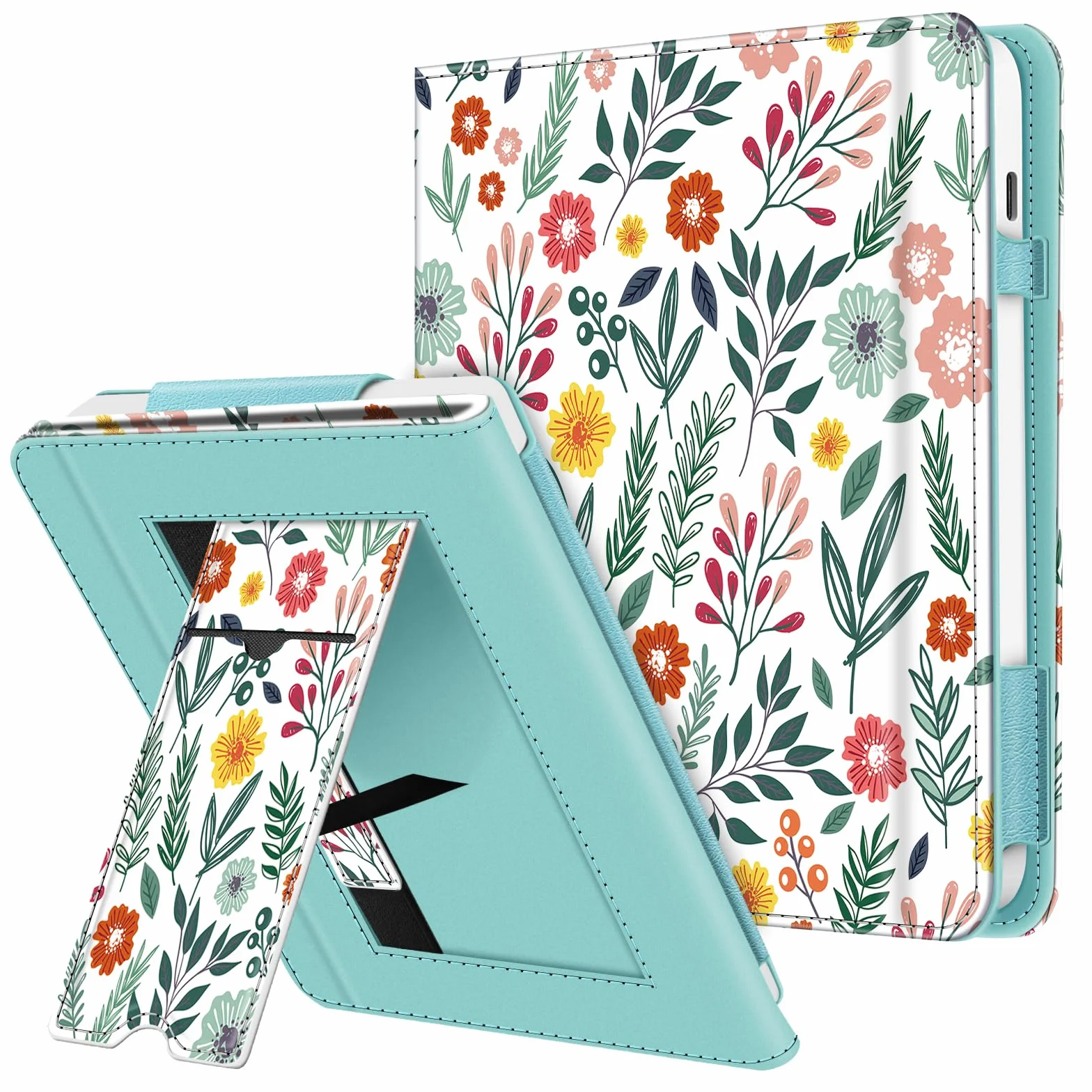 FINTIE Étui Compatible avec 7" Kobo Libra Colour 2024 / Kobo Libra 2 2021 (Modèle: N428 / N418), Coque Liseuse avec Béquille et Fente pour Carte et Dragonne, Fleur Printanière