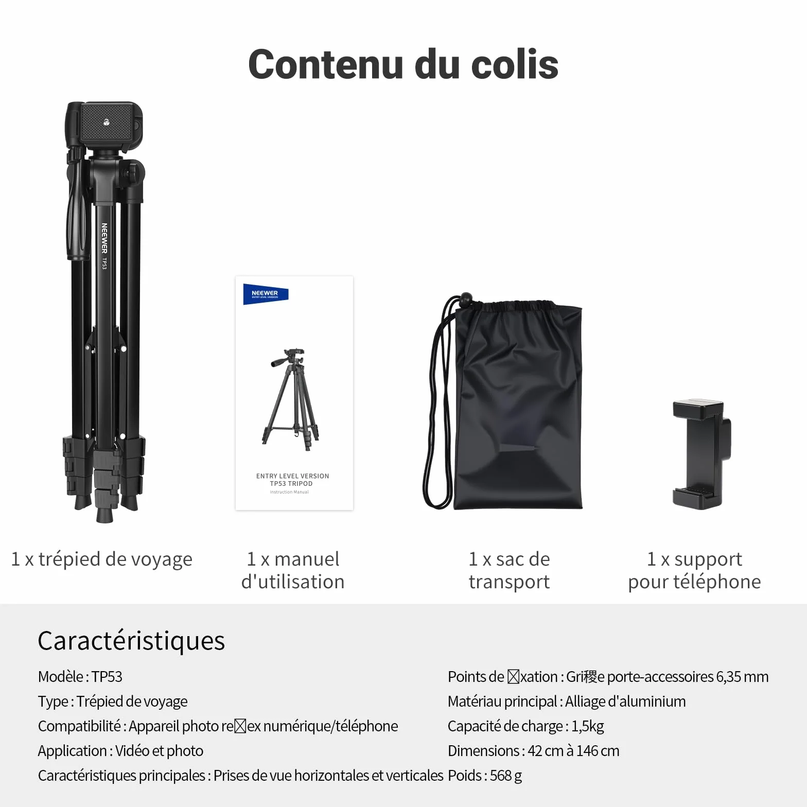 NEEWER Entry Level Version Trépied pour Téléphone Portable et Appareil Photo, Support de Voyage Léger en Métal avec Griffe Porte-Téléphone Portable Compatible avec iPhone, TP53