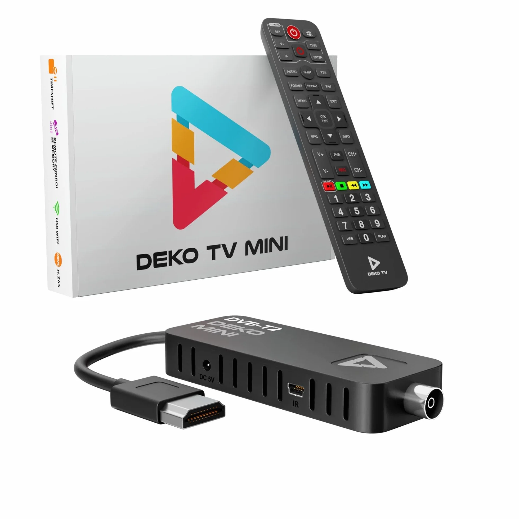 DEKO Boitier TNT HD DVB-T2 HEVC Stick HDMI USB 10 Bit WiFi Multimédia PVR 2in1