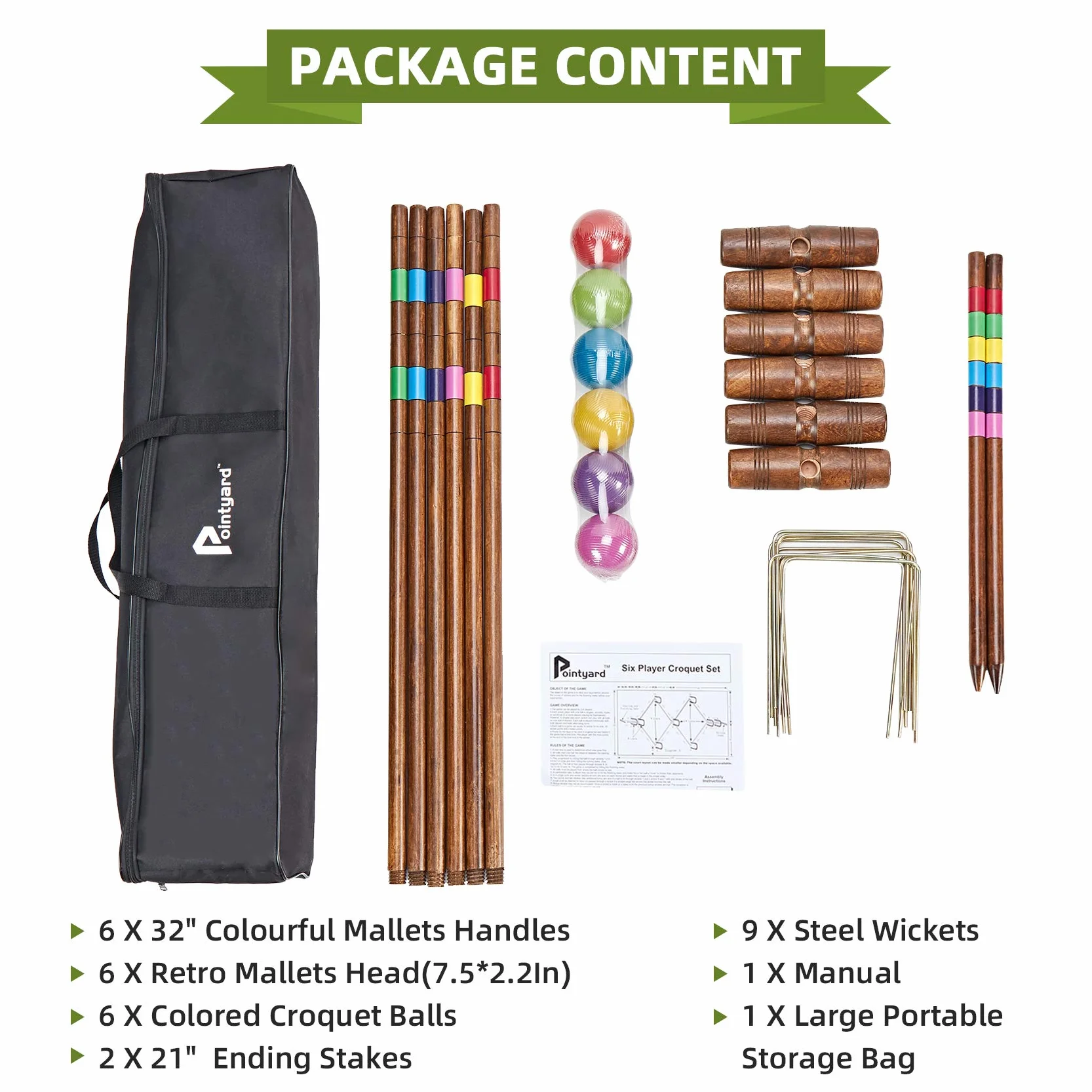 Ensemble de croquet 81.3 cm pour 6 joueurs, Style classique vintage, Piquets pour adultes et famille