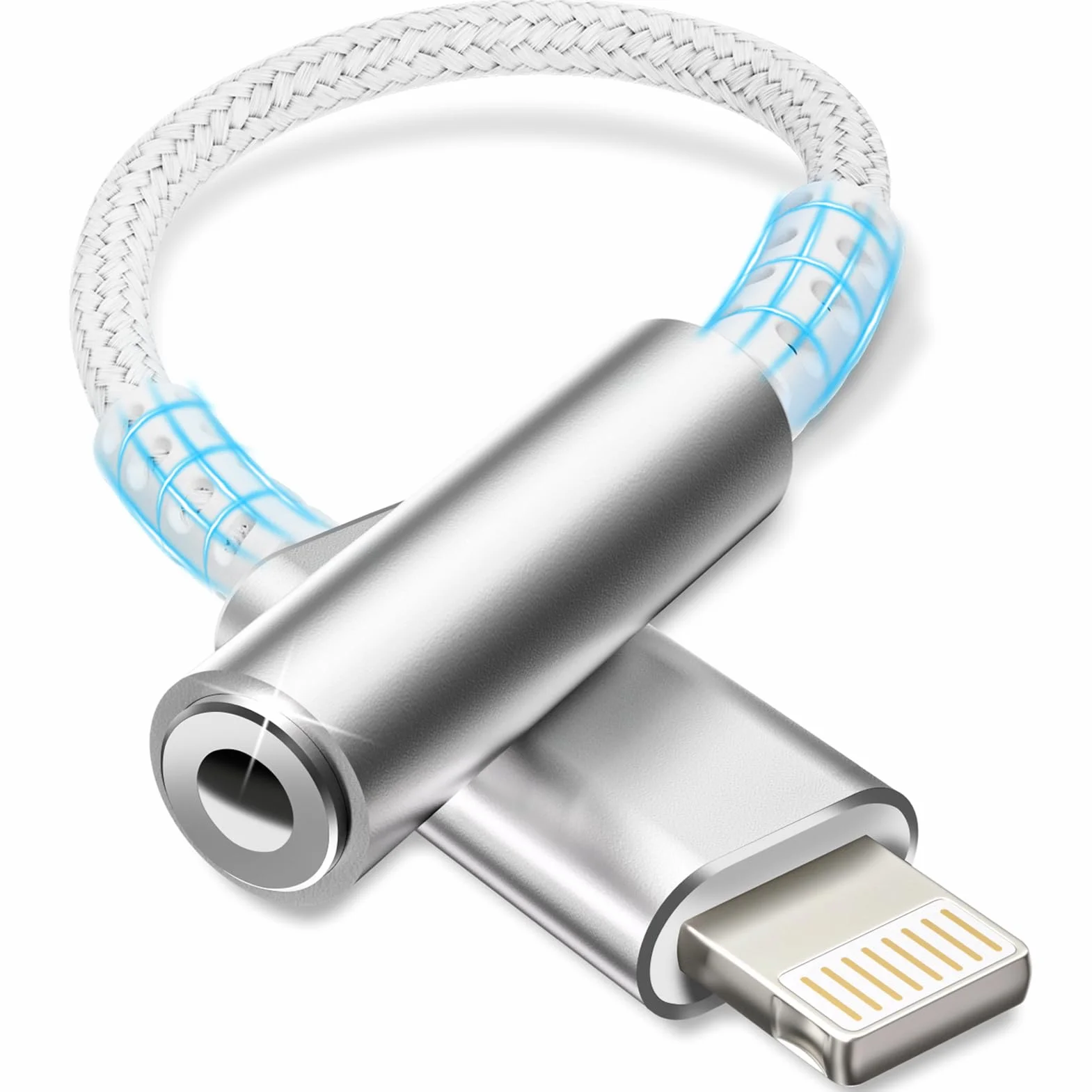 Adaptateur Lightning Jack 3,5 mm MFi Blanc Argenté Compatible iPhone 14/13/12/11/X/8/Pad