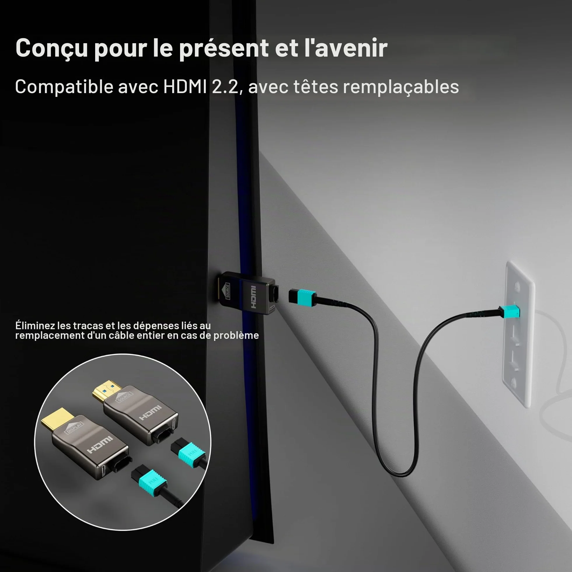 RUIPRO Câble HDMI 8K 10M Détachable en Fibre Optique Pure, Armé en Acier Inoxydable, HDMI 2.1 Ultra Haute Vitesse 48Gbps, 8K@60Hz 4K@120Hz, HDR, eARC, Compatible avec PS5, Xbox, TV, Projecteur