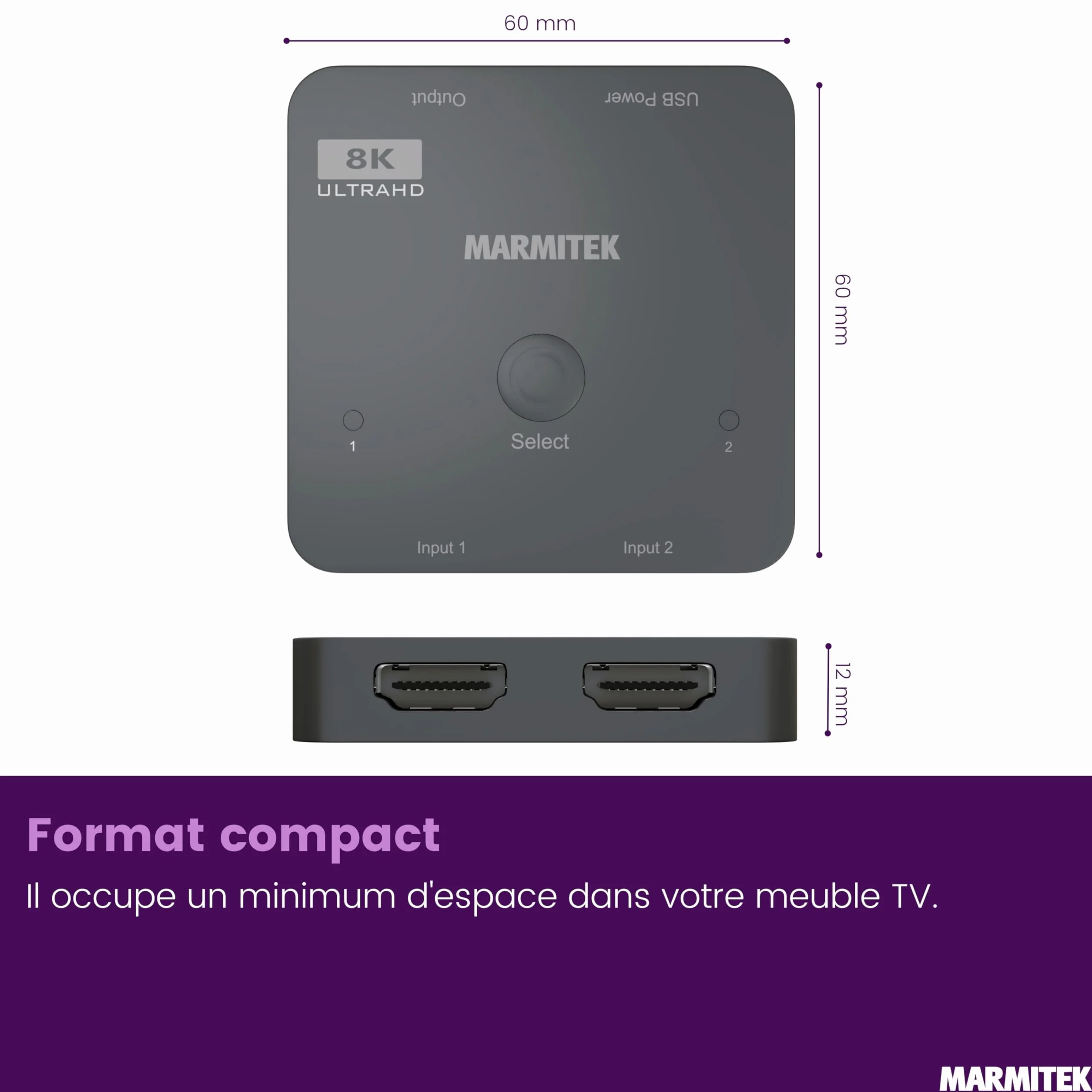 Marmitek Connect 720 - Switch HDMI 8K60-4K120 Gaming - HDMI 2.1 2 entrées 1 Sortie - 48 Gbit/s VRR ALLM QMS QFT - Commutation Automatique - Dolby Vision HDR10+