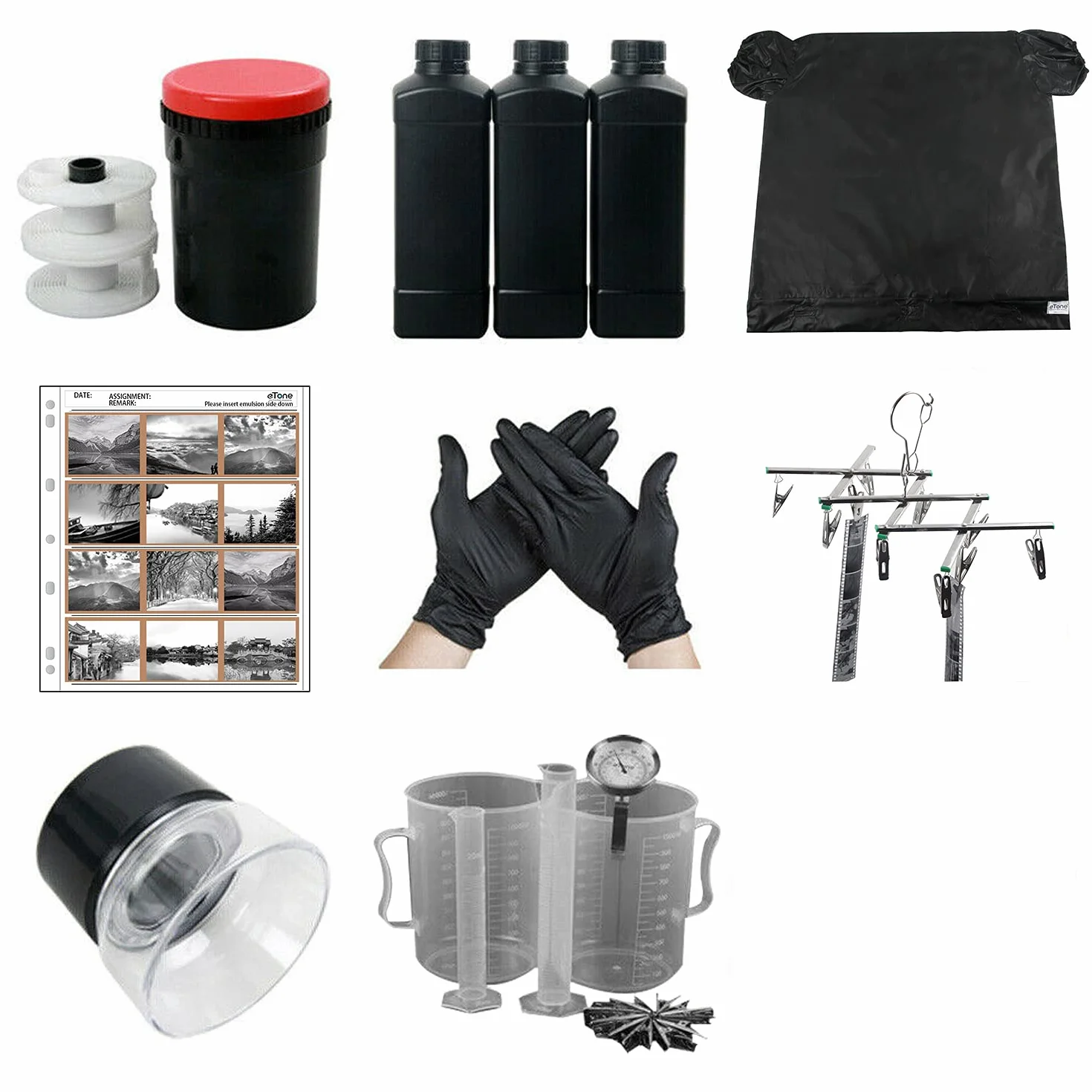 Kit de développement Photo argentique pour Chambre Noire Traitement de Film négatifs 135, 120 127 126, étuis à négatifs 4 Bandes de 3 négatifs 6x6cm Compact cuve de développement.