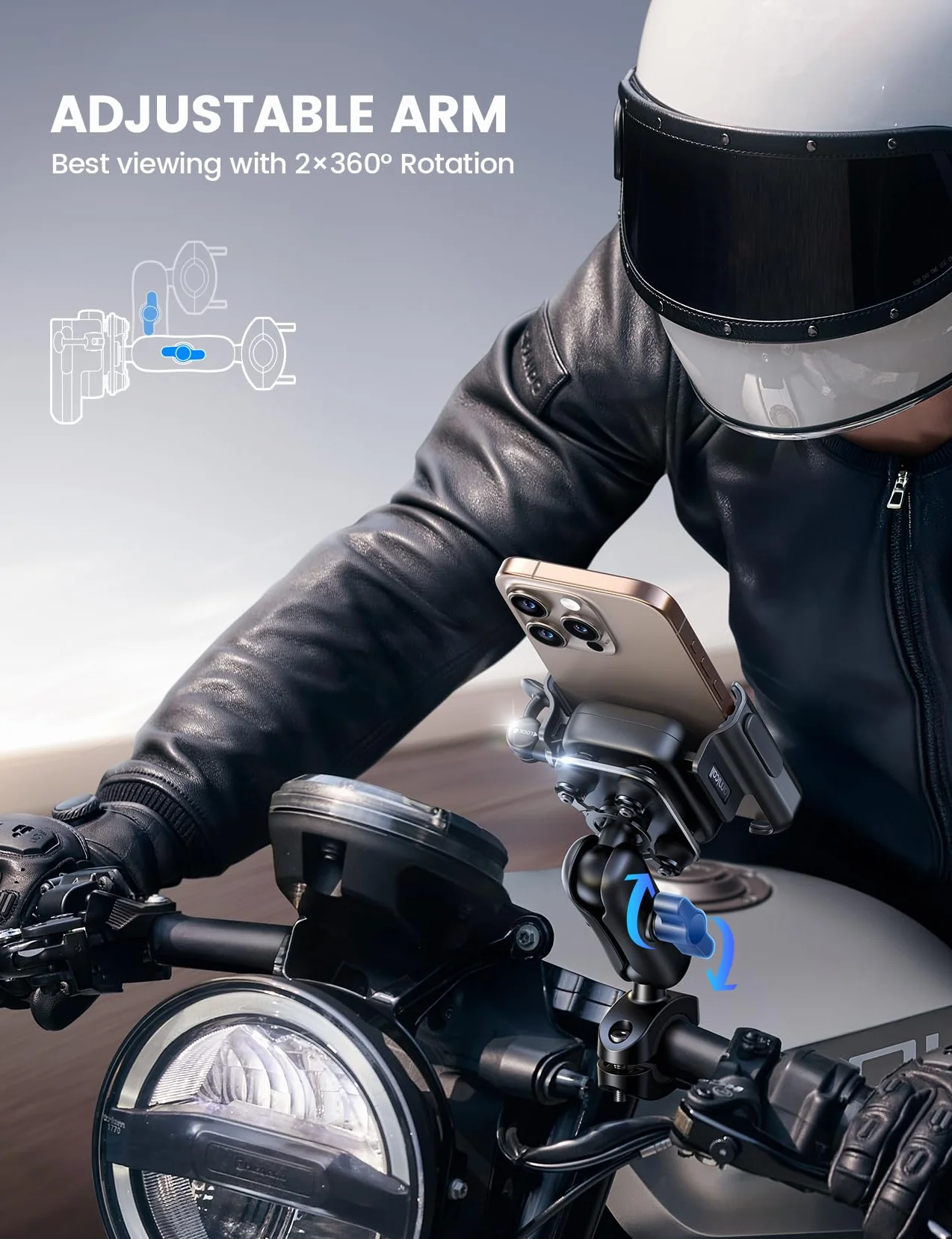 Lamicall Support Téléphone Moto - [Tout Métal] [Anti-Vibration] [Bras Rétractable] Antivol, 2 x 360° Rotation, Porte Téléphone Vélo, pour iPhone 17 16 15 14 13 et Autre Smartphone de 4,7-7,2" - Noir