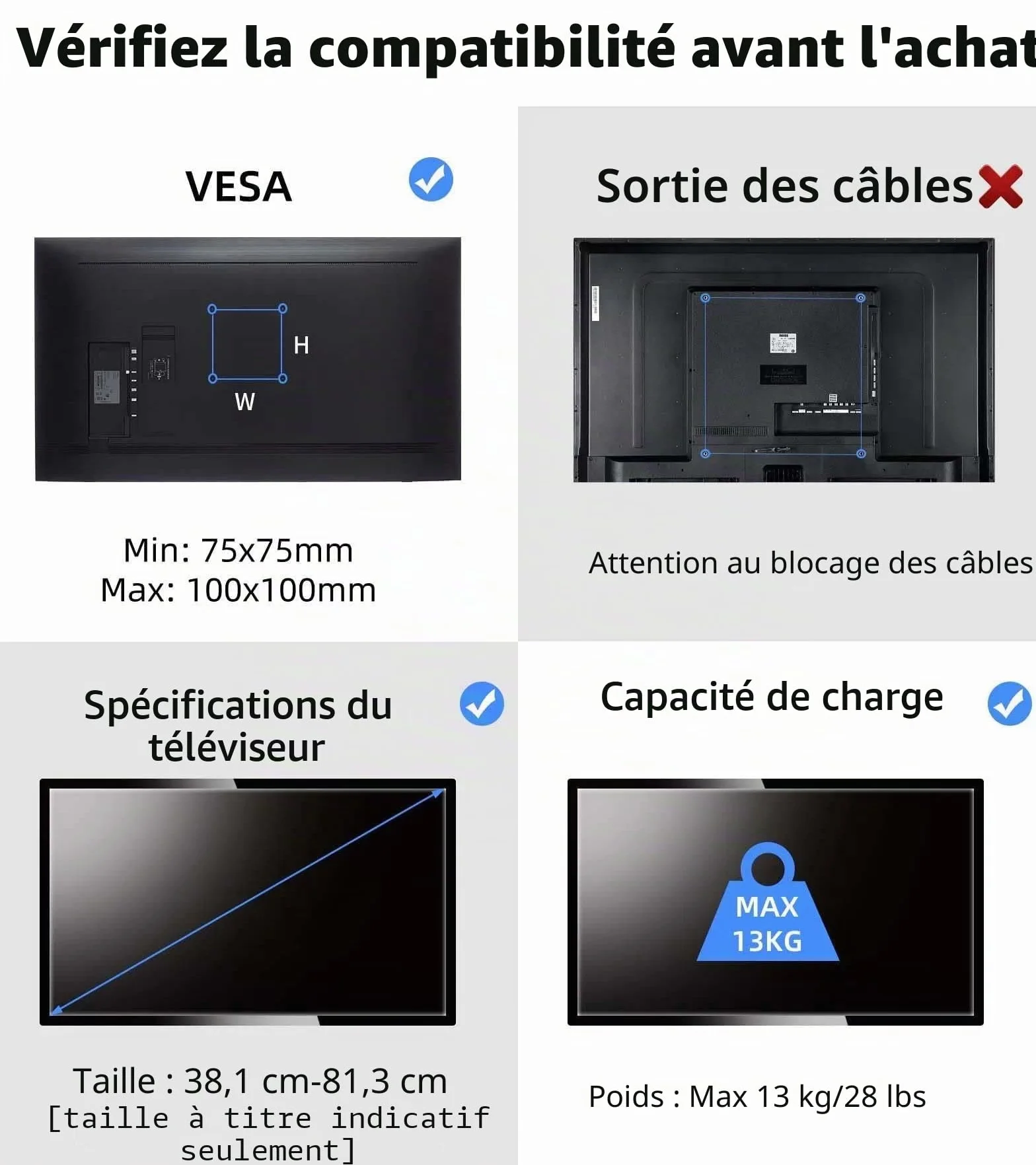 suptek Support TV Mural pour Moniteur et Télévision Plat/Incurvé de 15-32 Pouces, Rotation à 360° Inclinaison 20°, VESA 75x75 / 100x100mm jusqu'à 13 kg, Support Mural TV, Noir, MA2720