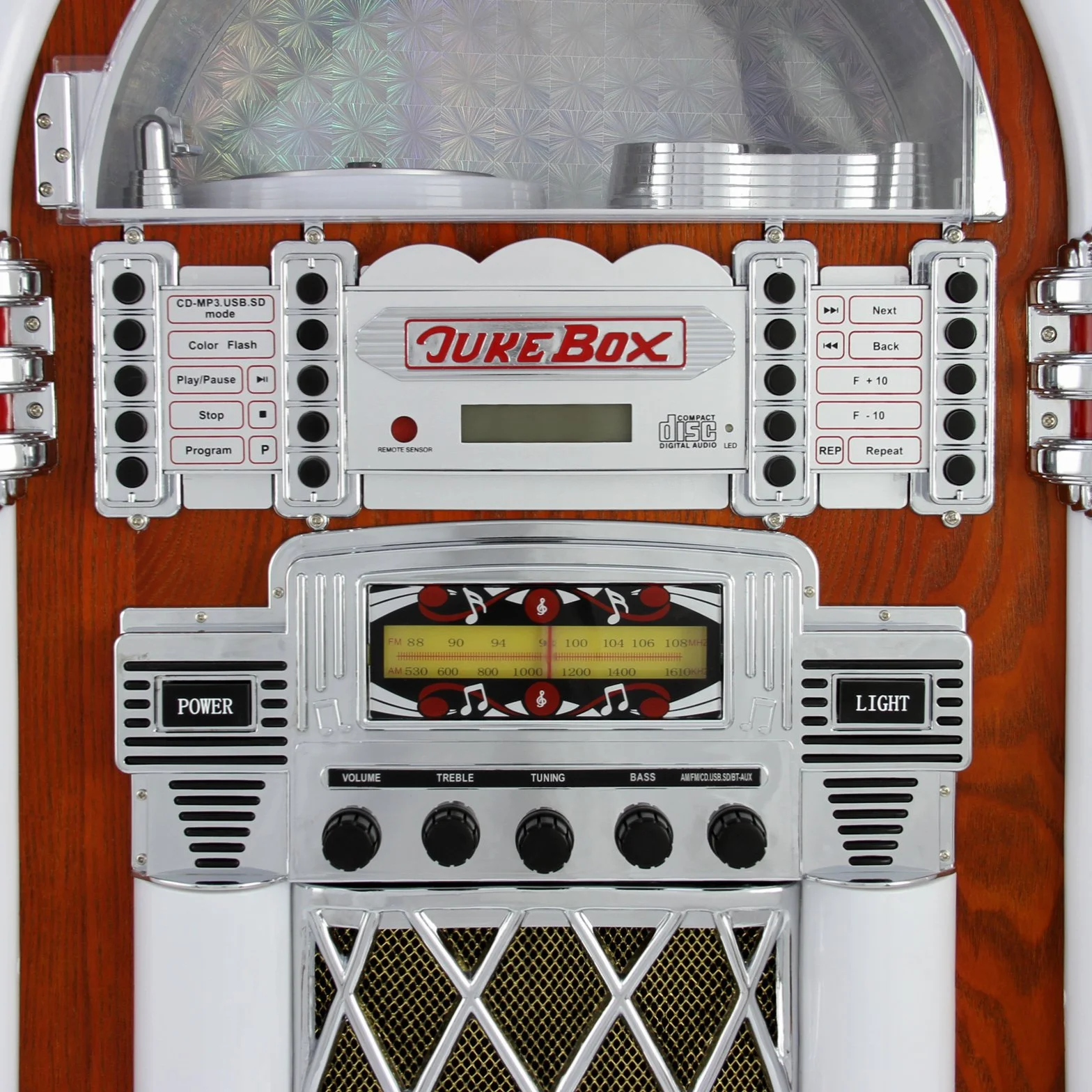Jukebox Style Rétro Années 50 avec Éclairages LED Couleurs Changeantes, Bluetooth, AUX, Lecteur CD, Radio AM/FM